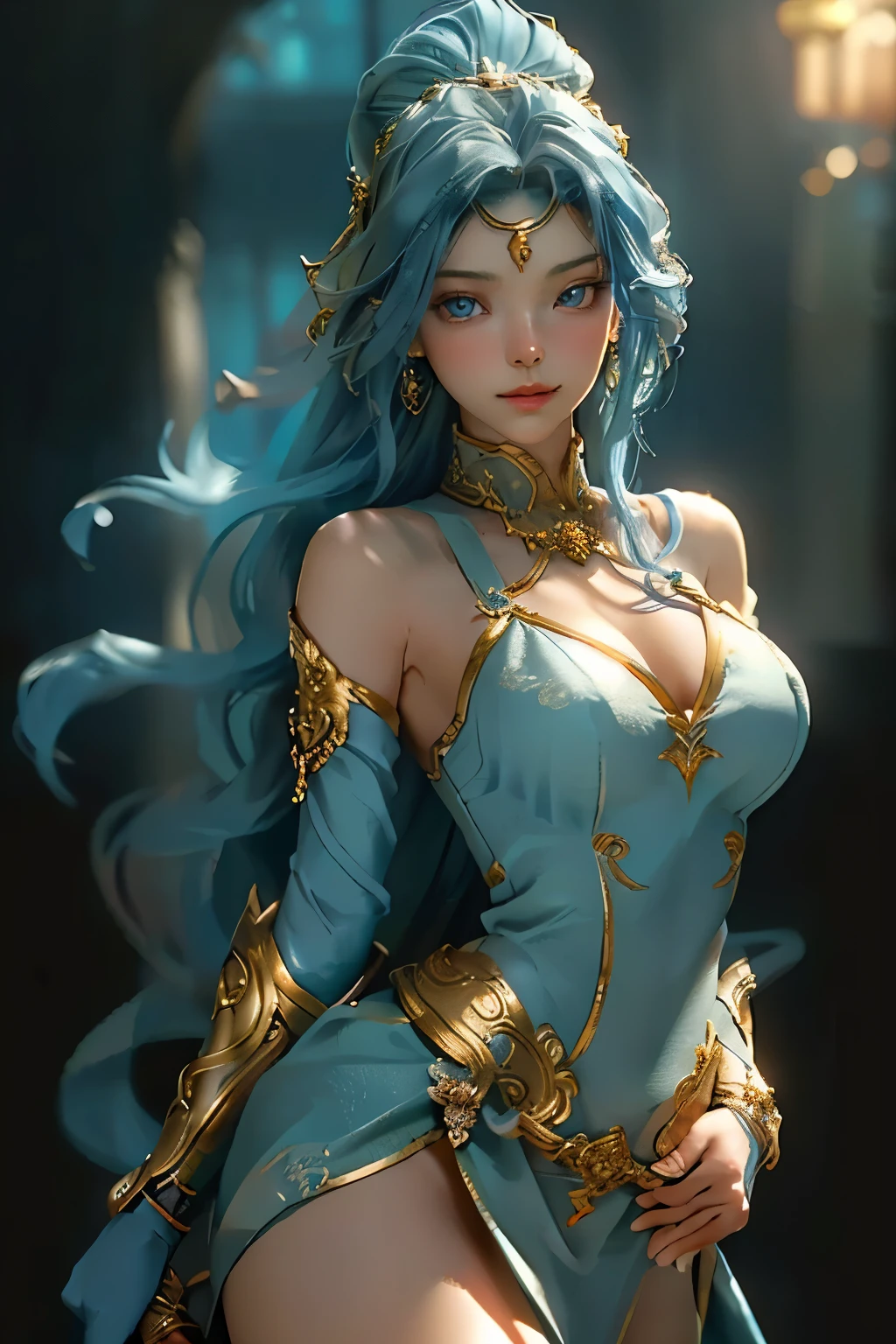 (goddess:1.1), Majestic, gazing down, Realistic, Full body in the shot, Blue hair with highlights, gigantic breasts filled with cleavage, Small waist belt accentuating the hourglass figure, Thigh-high stockings with blue seams, Best quality, 8k resolution, Highly detailed, Goddess of beauty and grace, Wearing a shimmering robe with golden accents, Blue eyes reflecting wisdom, Delicate facial features, Sunlight illuminating every curve, Volumetric fog surrounding the figure, Ultra-detailed textures, Sharp focus on the goddess, Pose conveying power and confidence, Golden aura adding to the divine