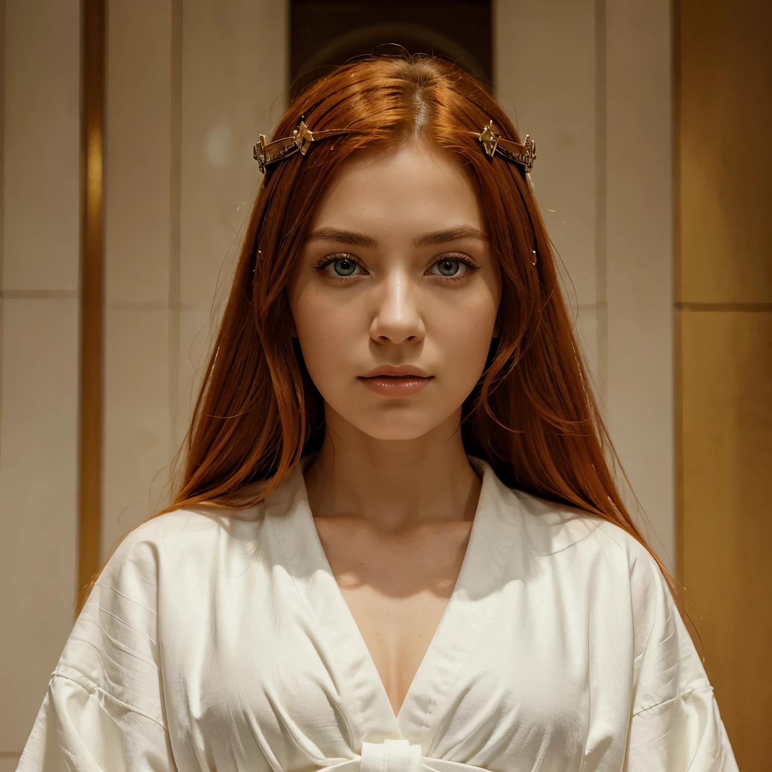 1female, orange hair, green eyes, throne room background, white robes with red cross, best quality, detailed face, detailed eyes
INFO
