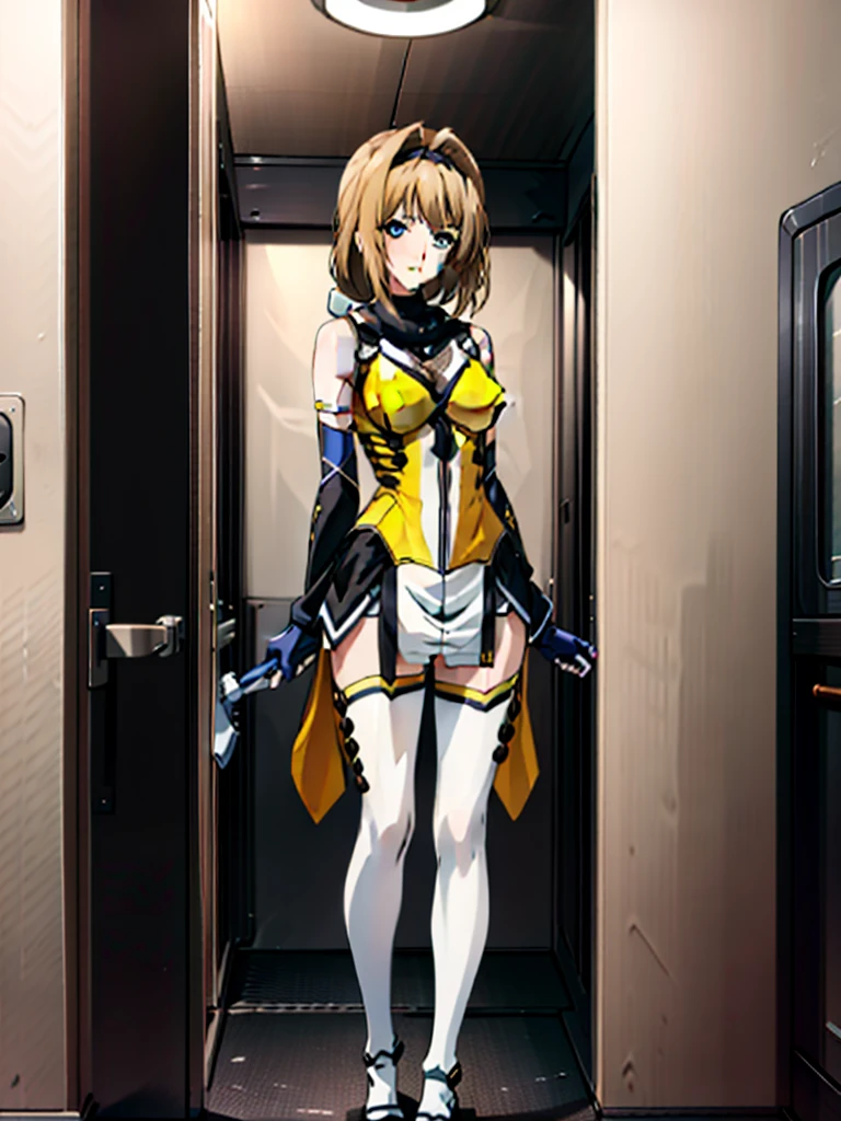 (hyper extreme detailed),(master piece),(hyper extreme),(realistic),cg,Lastration,novel iLastration,1 girl,takamori_Haruka,ninja,white mini skirt, yellow cloth,white legwear,software,spread legs,hypnoLora,empty eyes,(Inside a futuristic research facility:1.6),