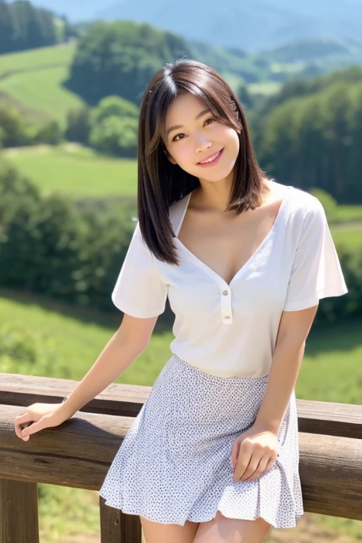 beautiful japanese woman, high teenager, I am standing on a farm with a view of the mountain ridgeline of Nobeyama.,A woman leaning lightly on a log fence (Detailed model figure:face is facing the camera, The body is facing the camera, Straightening the back) (Photo composition:Front of the body, Photo from the chest up,looking at the camera, Photo from the front) (facial details:long eyes, beautiful eyes, Eye pupils are black, looking at the camera, elongated facial contour, Smile a little,sharp cheeks, round chin, clean nose, round chin, Bob cut brown hair) (Body details:Height: 155cm, bust 79cm, Waist 55cm, Hip 85cm, Healthy thighs) (detailed costumes:white short sleeve round neck shirt, The pattern of the shirt is a navy blue polka dot pattern., white mini skirt, The skirt has fluttering pleats)