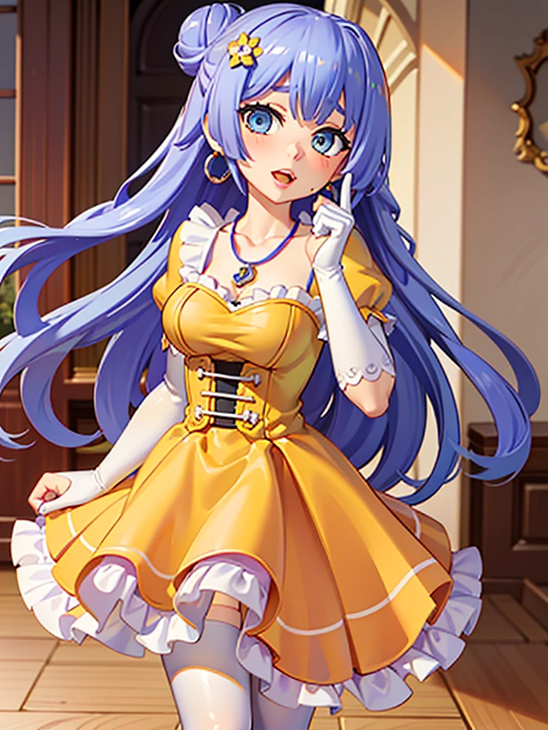 Great quality ++ High resolution extremely detailed, very aesthetic, expressive eyes, perfect face, face symmetrical, good anatomy, perfect hands, 8k, UHD, HD wallpaper, high quality, Ultra detailed, ((((1girl)))), (((1person))), ((((Date A Live)))), (((Miku Izayoi))), (((Long hair))), (((Light Indigo hair))), (((Silver eyes))), (((heavy makeup housewife))), (((housewife dress))), (((stepford))), (((stepfordized))), ((((yellow dress)))), white polkadots on dress, long gloves, elbow gloves, hair up, hair bun, (((hypnotized eyes))), earrings, smile, blissful, happy, wearing lipstick, wearing makeup, purple eyeliner, blush, tall image, tall hair, bige breasts, small waist, looking at viewer, swirl eyes, big lips, thick lips, hair in bun, hair up, necklace, tight dress, swirl eyes, (((hypnotized eyes))), tall image, thin waist, cute, side angle, big pupils, open mouth, house background, center angle, beehive hairdo, (((house background))), ((((center angle)))),