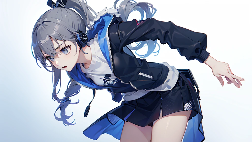 Teenage girl with drill ponytail, wearing black hoodie and medium length skirt, blue eyes, grey background, wearing headphones, nervous