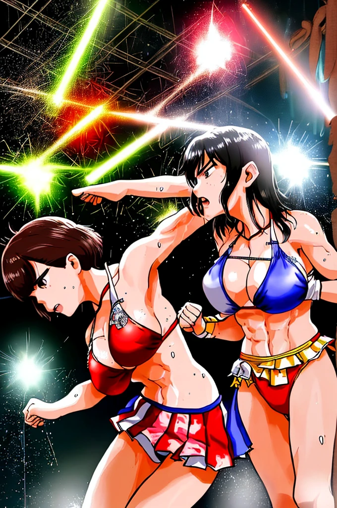 Two young beautiful Japanese idol mixed martial artists。bikini。big breasts。On the ring。are fighting。punch。serious expression。muscle。six pack。drenched in sweat。