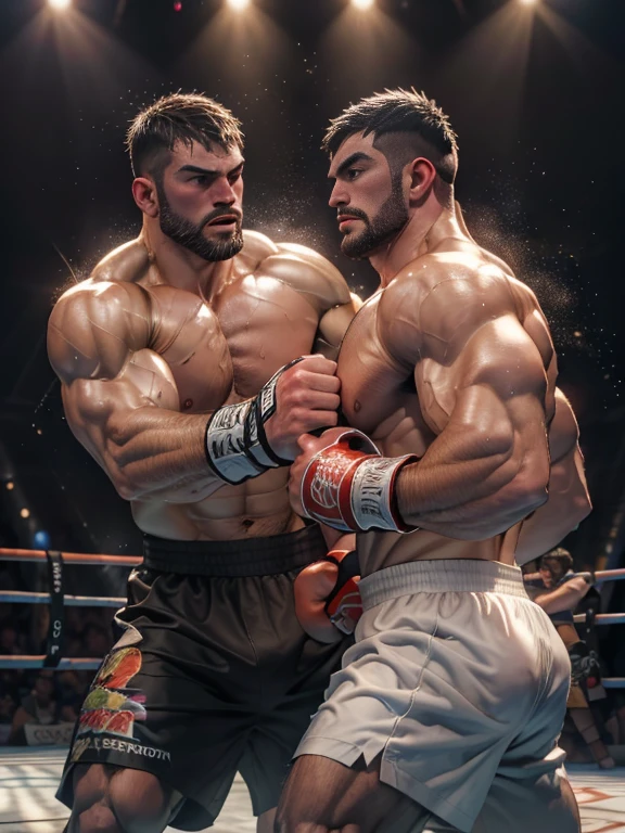 3D Photorealistic, Masterpiece realistic, best high quality, perfect details, RAW Photo, intricate details, nice lighting, 4K, detailed background, In the championship boxing match, 2 handsome boxers sparring white and black, short beard, correct muscle anatomy, sweat splash, perfect hands anatomy, sparring (sparring:1.3), extremely powerful scenes, fierce, manly, manliness.