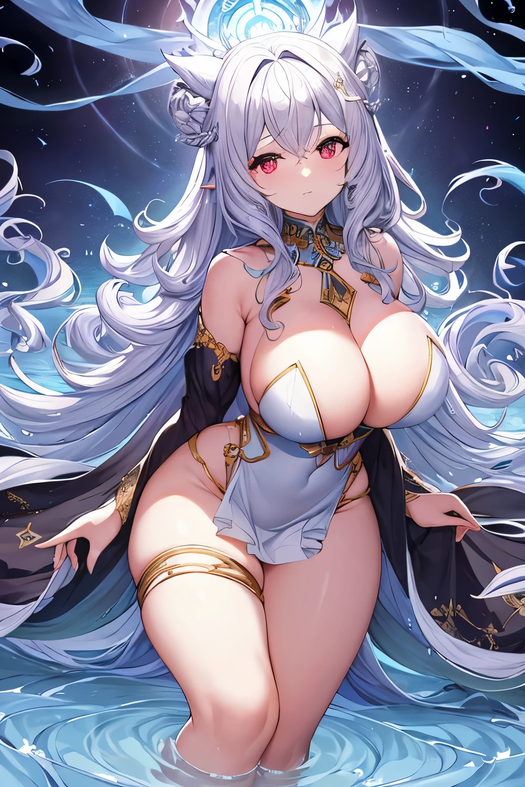 In the ethereal realm of mythology, a divine being graces our imagination. Introducing a captivating goddess, adorned with black cascading waves that flow down her back, touching the pristine waters at her feet. Her voluminous curls bounce playfully with the gentlest of breezes.
Her bosom is a sight to behold, with gigantic, heavenly breasts that embrace her small, perfectly proportioned waist. The enticing cleavage peeks out from beneath the delicate fabric of her divine attire.
Gracefully, her shapely legs extend from beneath her voluminous skirt, displaying a pair of alluring thigh-