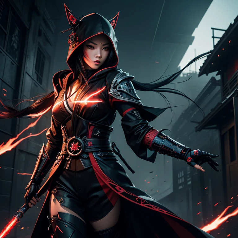 Transforming darkness into art, create an abstract & conceptual rendition of lethal geisha cyborg assassin wearing hooded kimono & armor, capturing his enigmatic personna. Embrace bold strokes, striking lines, and vibrant colors to convey the duality between hero and vigilante. Infuse the artwork with motion and energy, depicting lethal geisha cyborg assassin wearing hooded kimono & armor as an abstract force against a backdrop of shattered darkness. Illuminate his iconic symbol with luminous accents, showcasing the rebirth of hope amidst the shadows.