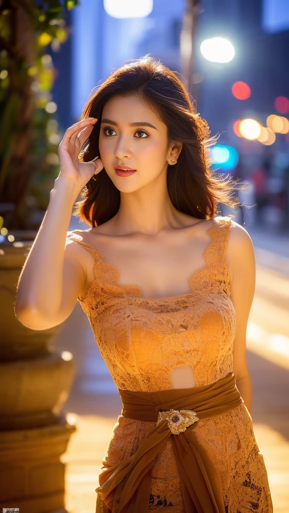 A girl holding a camera, mix4,(8k, RAW photo, best quality, masterpiece:1.2), (realistic, photo-realistic:1.37),1girl,cute,cityscape, night, rain, wet, professional lighting, photon mapping, radiosity, Physically-based rendering, gradient brunette hair, short curly hair, handsome, girly, white ball set, superb picture quality, high resolution, 1080p, (clear face), (detailed face description), (detailed hand description), (masterpiece), (exquisite CG), extreme light and shadow, messy hair, masterpiece, rich detail, (exquisite facial features), (highest image quality), (masterpiece), (detailed eyes), look forward to your eyes, delicate collarbone, kebaya_bali