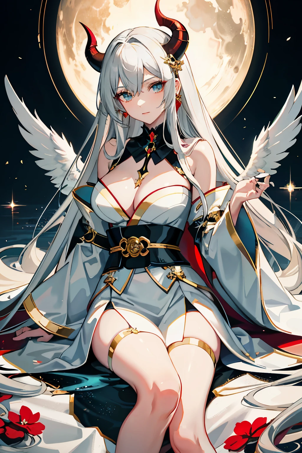 Masterpiece, an enchanting anime character, solo, alluringly portrayed in the hentai visual novel of an angel and a devil. She embodies the contradictory beauty of ethereal grace and seductive allure.
Dressed in a flowing, white kimono with elegant, golden accents, evoking her celestial nature. Contrastingly, her lower half is covered in sultry, red thigh-high stockings, symbolizing her devilish side. Her long, flowing silver hair forms soft waves around her, framing her delicate, delicate features.
Her captivating eyes are a mesmerizing blend of turquoise and crimson – a celest