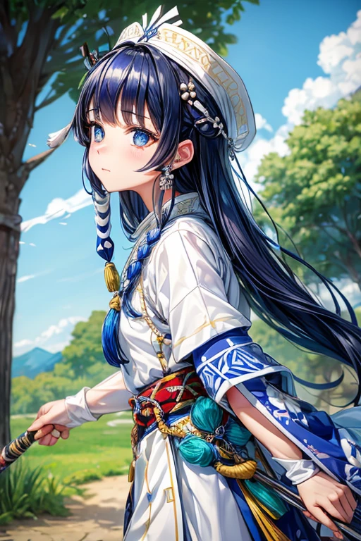 queen of the ainu、cute、Ainu pattern clothes、white and blue clothes、Ainu pattern、has a spear、Ainu art、Clean your eyes、Fingers correctly、back meadow、bird falcon、eyes are long、Don&#39;avoid redness around the eyes。