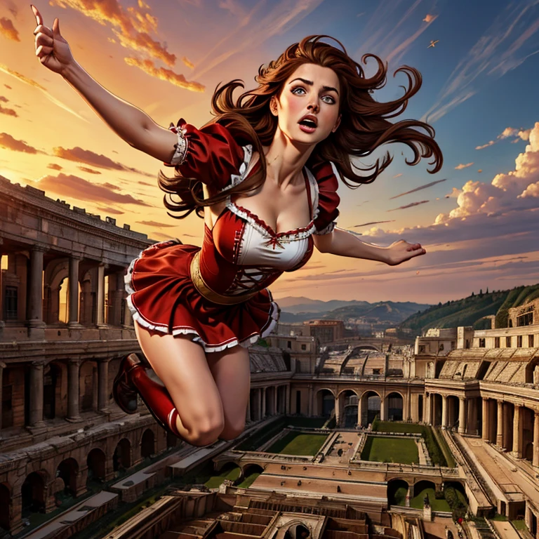 masterpiece, best quality,8k resolution,realistic,, 1 girl, Girl falling off Roman stadium, free falling, wear a red maid outfit, looks scared, long brown hair, detail eyes, detail hands and legs, different perspectives
