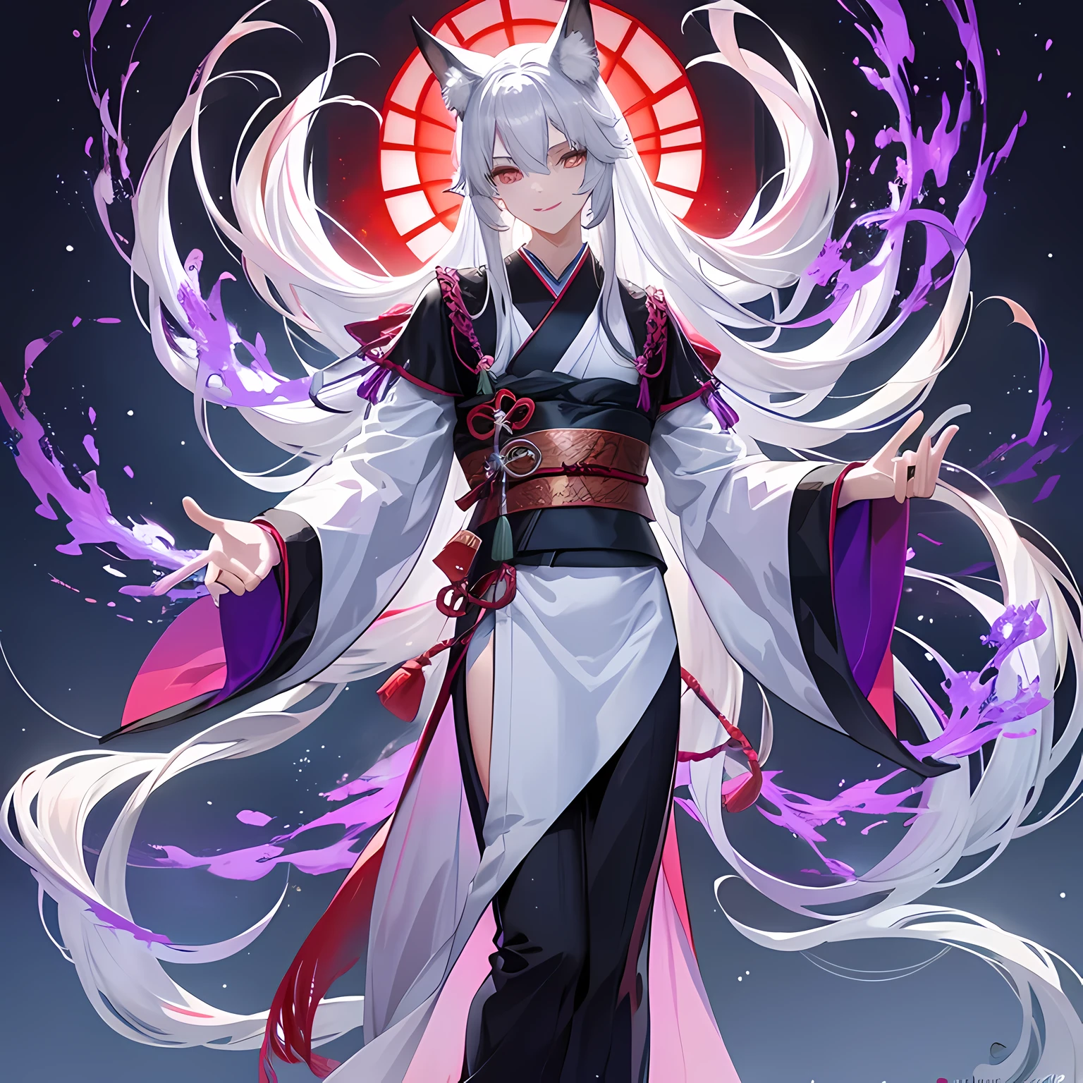 Nine-tailed silver fox in Japanese mythology,long hair, On clothes, The nine tails spread out behind the back like a fan, He smiled, He smiled thoughtfully, (masterpiece), full length, For the audience, Surrealism, Fantastic lighting, firefly, Sequins, The overall color is silvery-purple