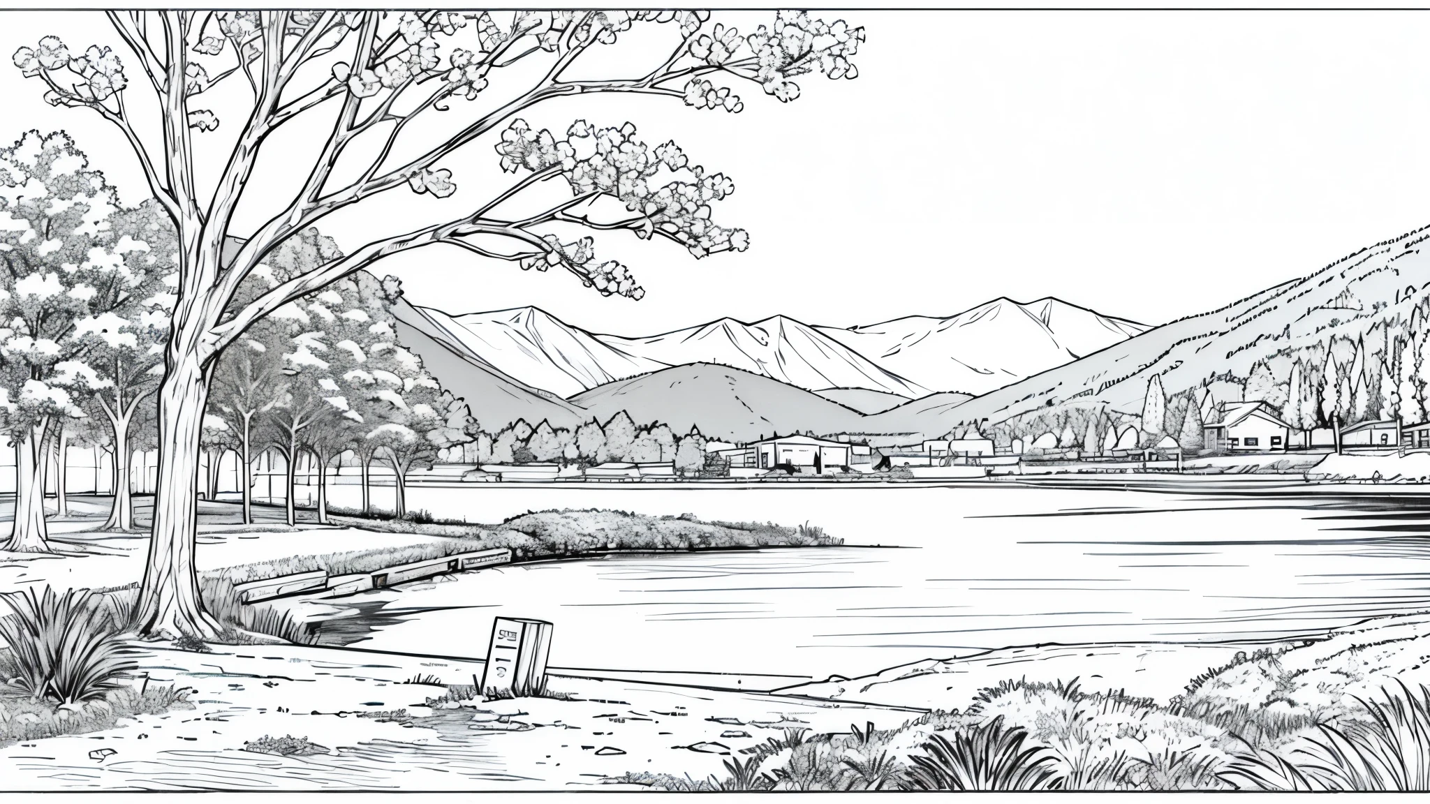 (A peach-tree),lake,mountain