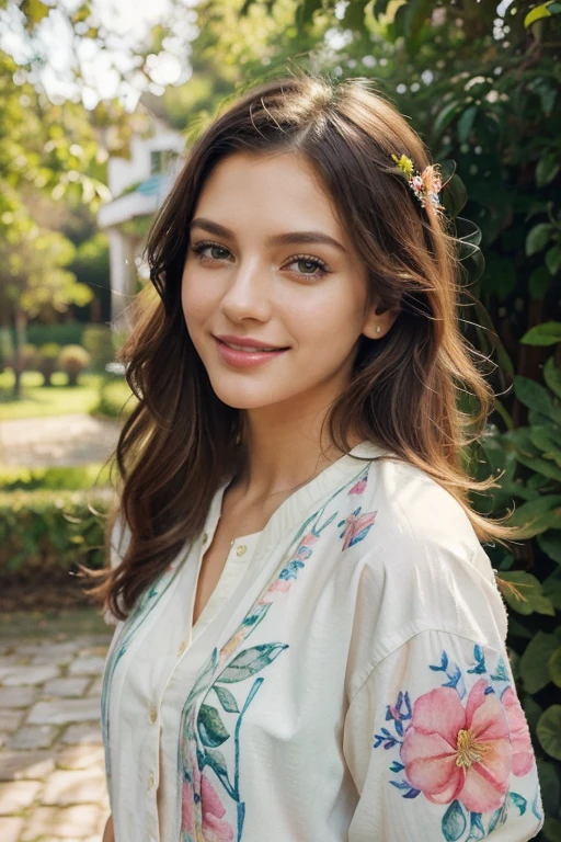 (aesthetic,artistic) illustrations,medium:watercolor,popular,fashionable,girl,blooming flowers,green garden,beautiful detailed eyes,beautiful detailed lips,colorful clothes,lovely smile,posing,charming,stylish,fashionable,refreshing atmosphere,vivid colors,soft lighting