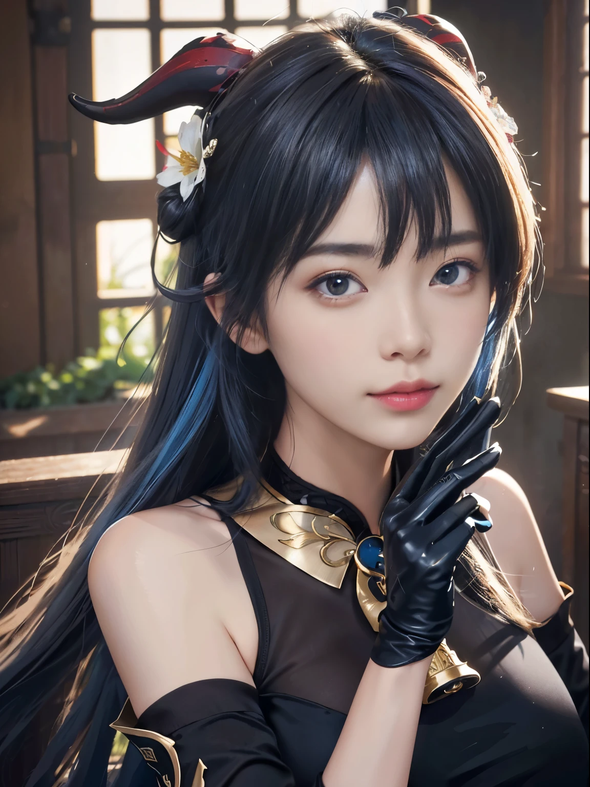 (photorealistic:1.4), (masterpiece, sidelighting, finely detailed beautiful eyes: 1.2), masterpiece*portrait, realistic, 3d face, 
ganyu \(genshin impact\), 1girl, ahoge, architecture, bangs, bare shoulders, bell, black gloves, black pantyhose, (blue hair), blush, breasts, chinese knot, detached sleeves, flower knot, gloves, horns, long hair, looking at viewer, medium breasts, neck bell