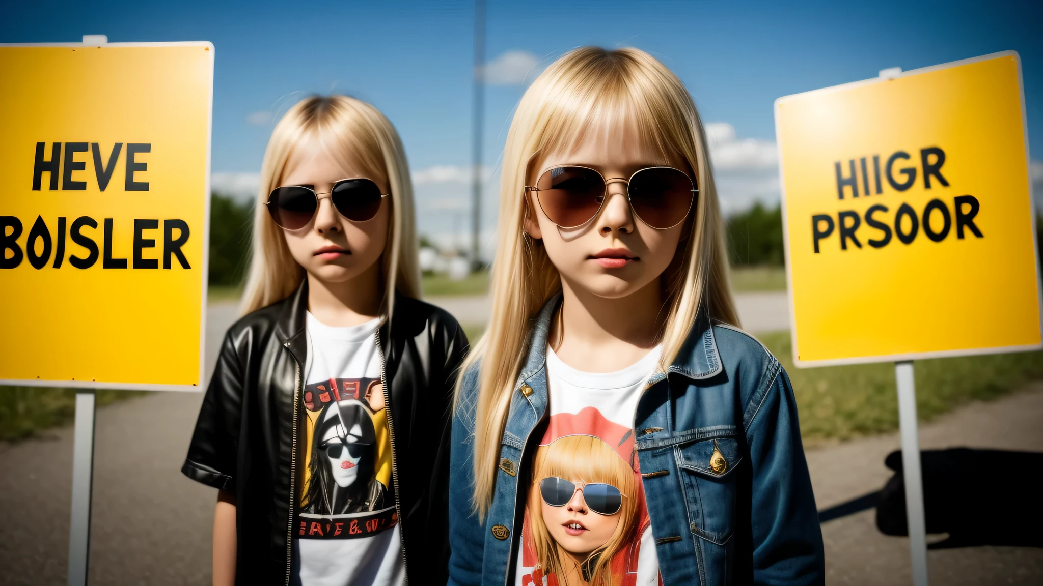 image of a girls blonde with sunglasses and a sign, heavy metal band promo,