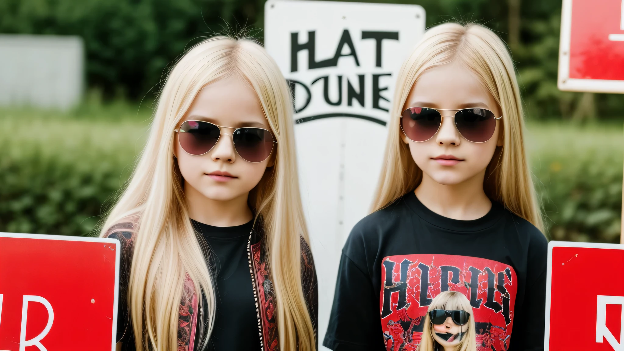 image of a kids girls blonde with sunglasses and a sign, heavy metal band promo,