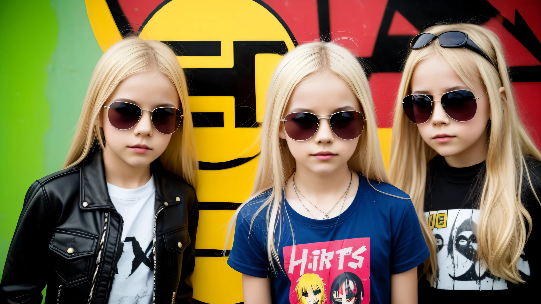 image of a girls blonde with sunglasses and a sign, heavy metal band promo,