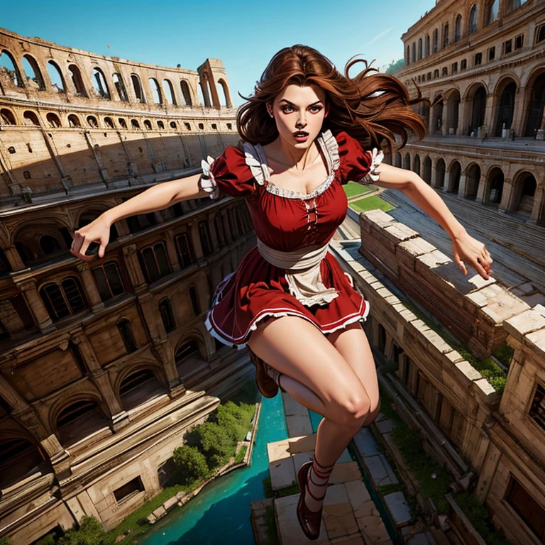 masterpiece, best quality,8k resolution,realistic,, 1 girl, Girl falling off Roman stadium, free falling, wear a red long maid outfit, looks scared, long brown hair, detail eyes, detail hands and legs, different perspectives