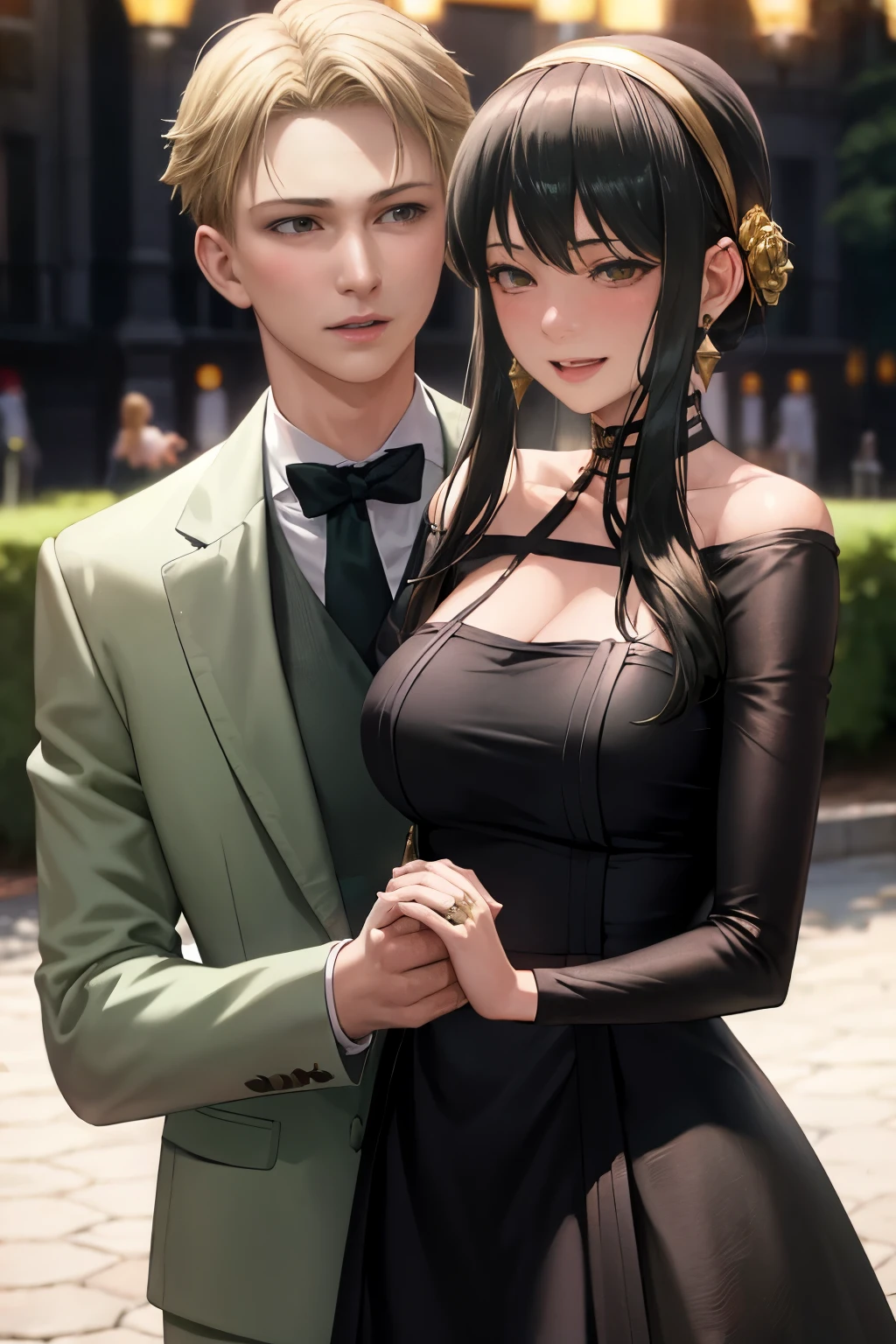 masterpiece, best quality,realistic,  2girls, anya (spy x family), multiple girls, 1boy, female , pink hair, flower, blush, green eyes, jewelry, smile, , hairband, closed eyes, shirt, dress, earrings, sparkle, open mouth, black dress