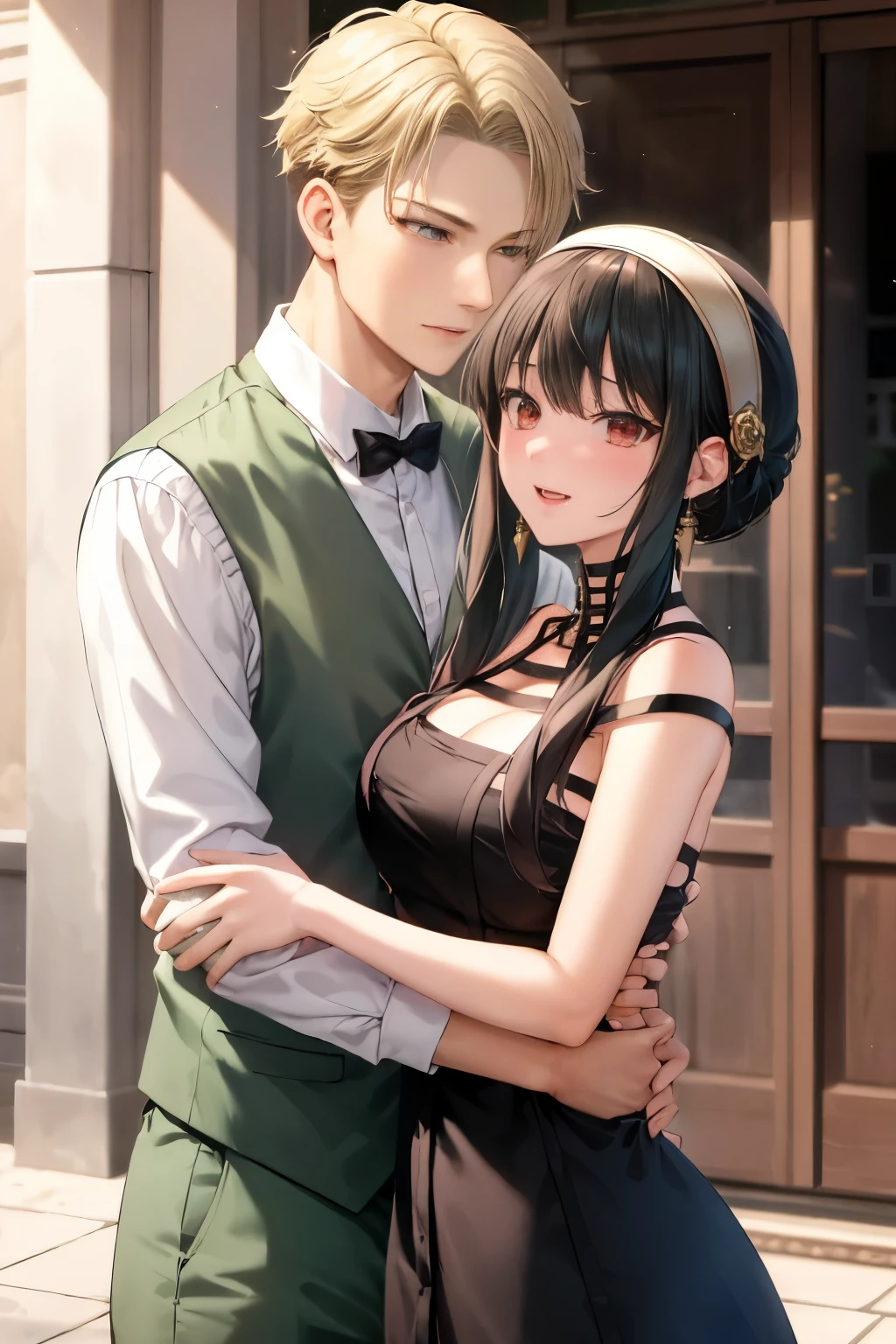 masterpiece, best quality, 2girls, anya (spy x family), multiple girls, 1boy, female , pink hair, flower, blush, green eyes, jewelry, smile, , hairband, closed eyes, shirt, dress, earrings, sparkle, open mouth, black dress
