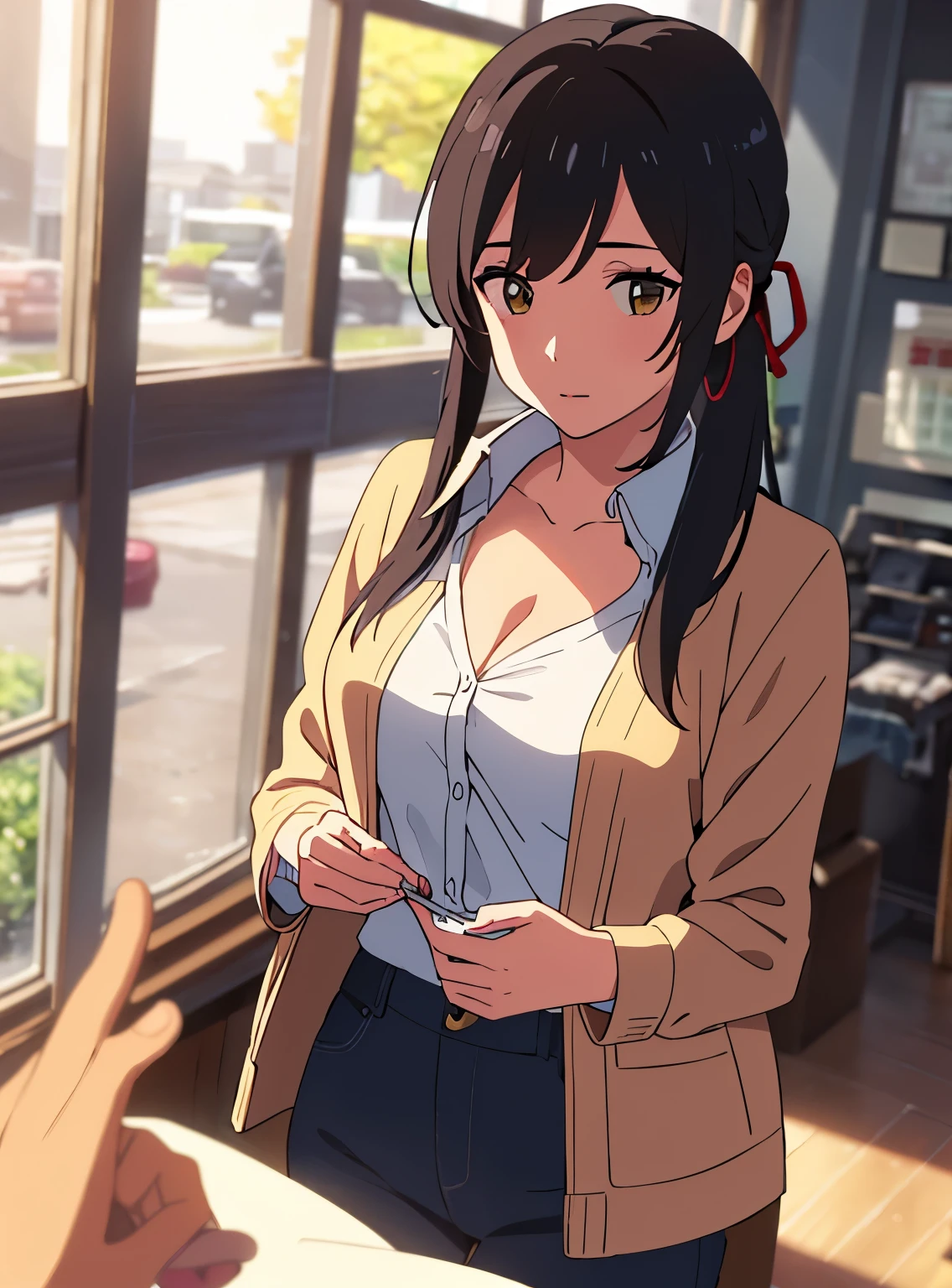 shinkai makoto, kimi no na wa., 1girl, bangs, black hair, brown eyes,half updo, red ribbon, long hair, long sleeve light yellow cardigan, open shirt, yellow shirt, cleavage, breast, medium breast, Orange shirt, name tag written "LUMINE Miyamizu", looking at the viewer, indoors, jewelry products, jewelry shop, jewelry saleswoman, indoors, mall, masterpiece, perfect anatomy, cowboyshot, POV (POV boy's hands holding girl's chest POV)