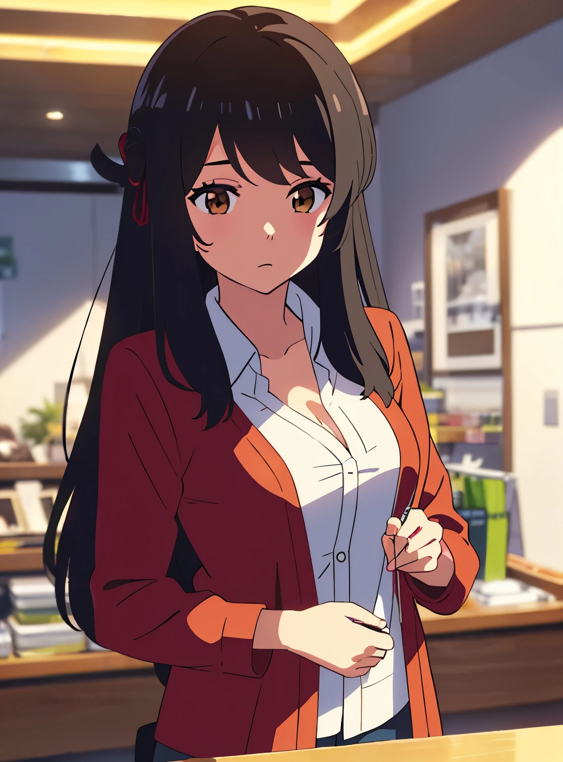 shinkai makoto, kimi no na wa., 1girl, bangs, black hair, brown eyes, twisted half up, red ribbon, long hair, long sleeve light yellow cardigan, open shirt, yellow shirt, cleavage, breast, medium breast, Orange shirt, name tag written "LUMINE Miyamizu", looking at the viewer, indoors, jewelry products, jewelry shop, jewelry saleswoman, indoors, mall, masterpiece, perfect anatomy, cowboyshot, POV (POV boy's hands holding girl's chest POV)