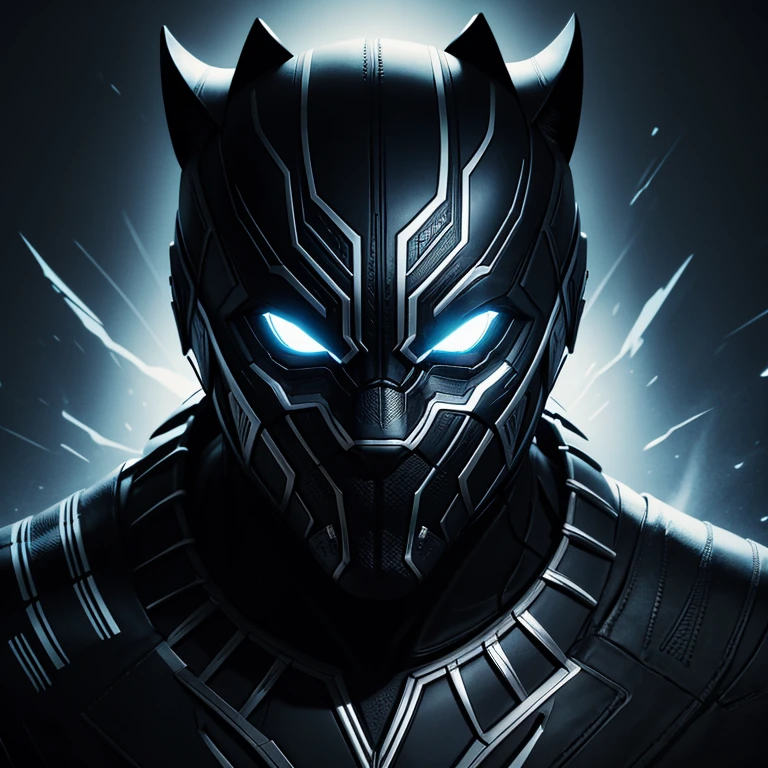 Transforming darkness into art, create an abstract & conceptual rendition of Black Panther, capturing his enigmatic personna. Embrace bold strokes, striking lines, and vibrant colors to convey the duality between hero and vigilante. Infuse the artwork with motion and energy, depicting Black Panther as an abstract force against a backdrop of shattered darkness. Illuminate his iconic symbol with luminous accents, showcasing the rebirth of hope amidst the shadows.