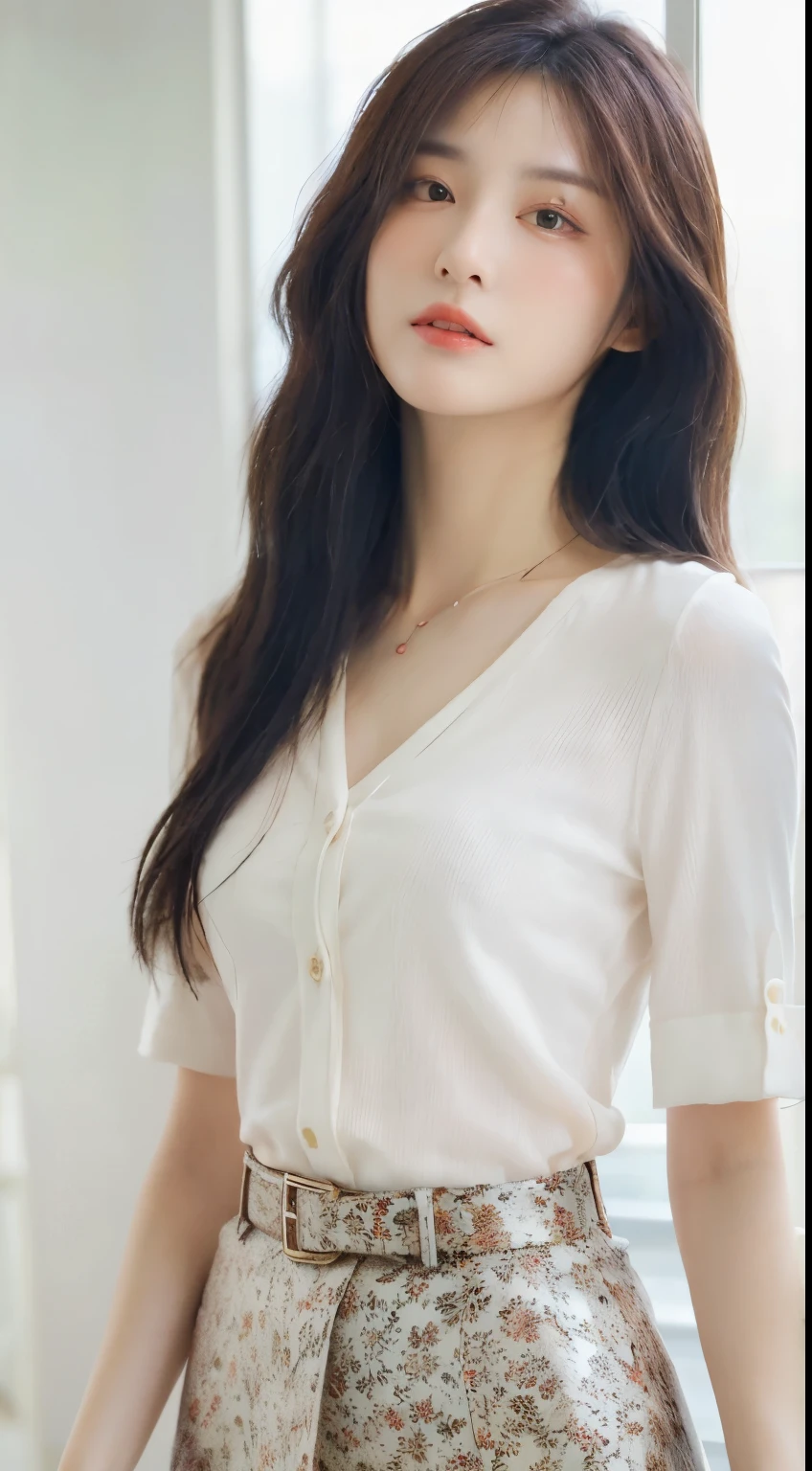 (best quality, high resolution, masterpiece: 1.3), A tall and beautiful female eye, Little mouth, kiss, Embrace, slim abs, dark brown hair,loose waves, breast, Delicate pendant, white button-down blouse, no belt, Floral skirt, (Modern architecture background), Beautifully rendered details on faces and skin textures, delicate eyes, double eyelids, Lovely