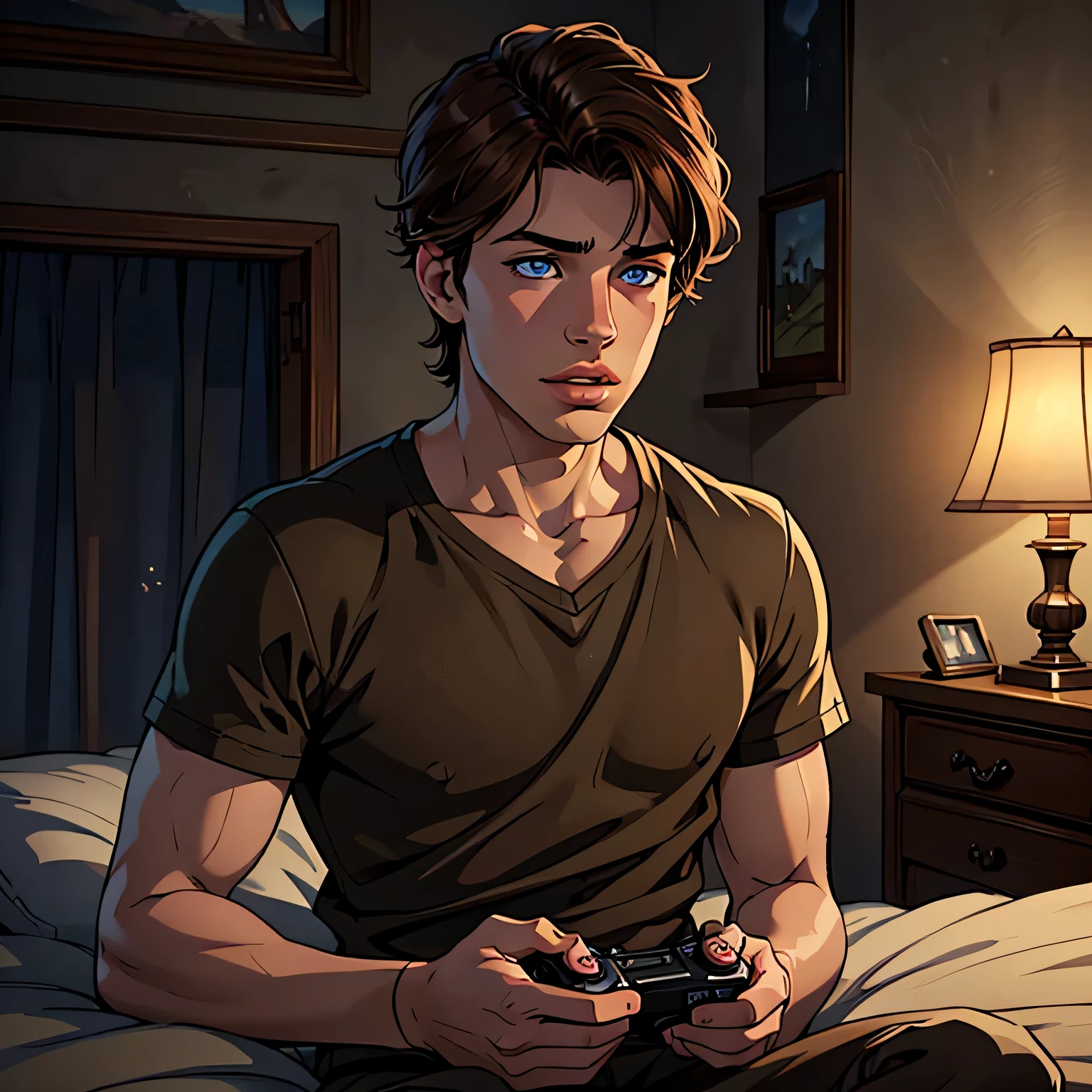 (melhor qualidade, realista), 15 anos (1 ), olhos detalhados, Detailed lips, cabelo castanho, olhos azuis, playing video games, quarto, ambiente aconchegante, soft lighting, Ambiente tranquilo