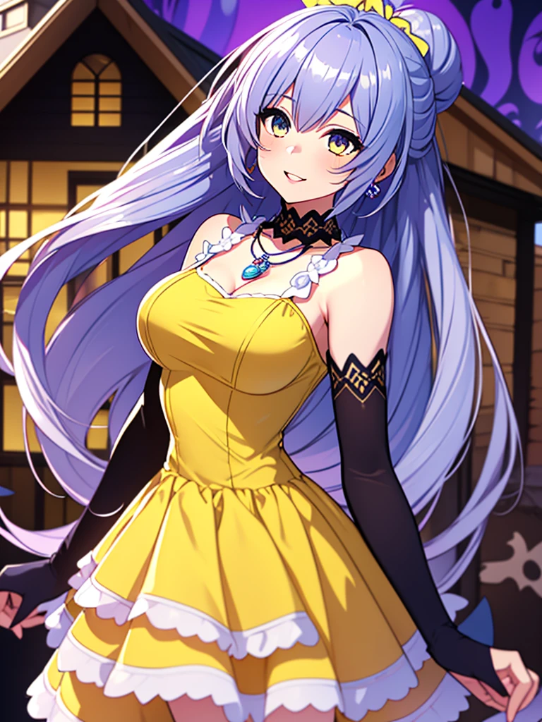 Great quality ++ High resolution extremely detailed, very aesthetic, expressive eyes, perfect face, face symmetrical, good anatomy, perfect hands, 8k, UHD, HD wallpaper, high quality, Ultra detailed, ((((1girl)))), (((1person))), ((((Date A Live)))), (((Miku Izayoi))), (((Long hair))), (((Light Indigo hair))), (((Silver eyes))), (((heavy makeup housewife))), (((housewife dress))), (((stepford))), (((stepfordized))), ((((yellow dress)))), white polkadots on dress, long gloves, elbow gloves, hair up, hair bun, (((hypnotized eyes))), earrings, smile, blissful, happy, wearing lipstick, wearing makeup, purple eyeliner, blush, tall image, tall hair, bige breasts, small waist, looking at viewer, swirl eyes, big lips, thick lips, hair in bun, hair up, necklace, tight dress, swirl eyes, (((hypnotized eyes))), tall image, thin waist, cute, side angle, big pupils, open mouth, house background, center angle, beehive hairdo, (((house background))), ((((center angle)))),