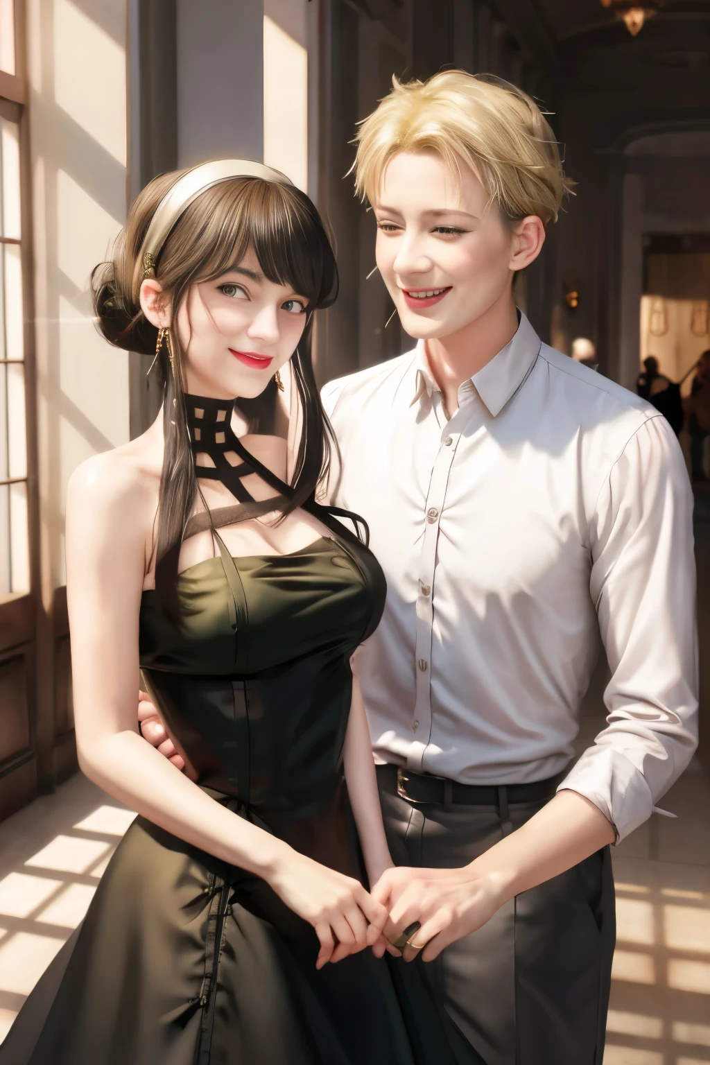 masterpiece, best quality, realistic,2girls, anya (spy x family), multiple girls, 1boy, female , pink hair, flower, blush, green eyes, jewelry, smile, , hairband, closed eyes, shirt, dress, earrings, sparkle, open mouth, black dress