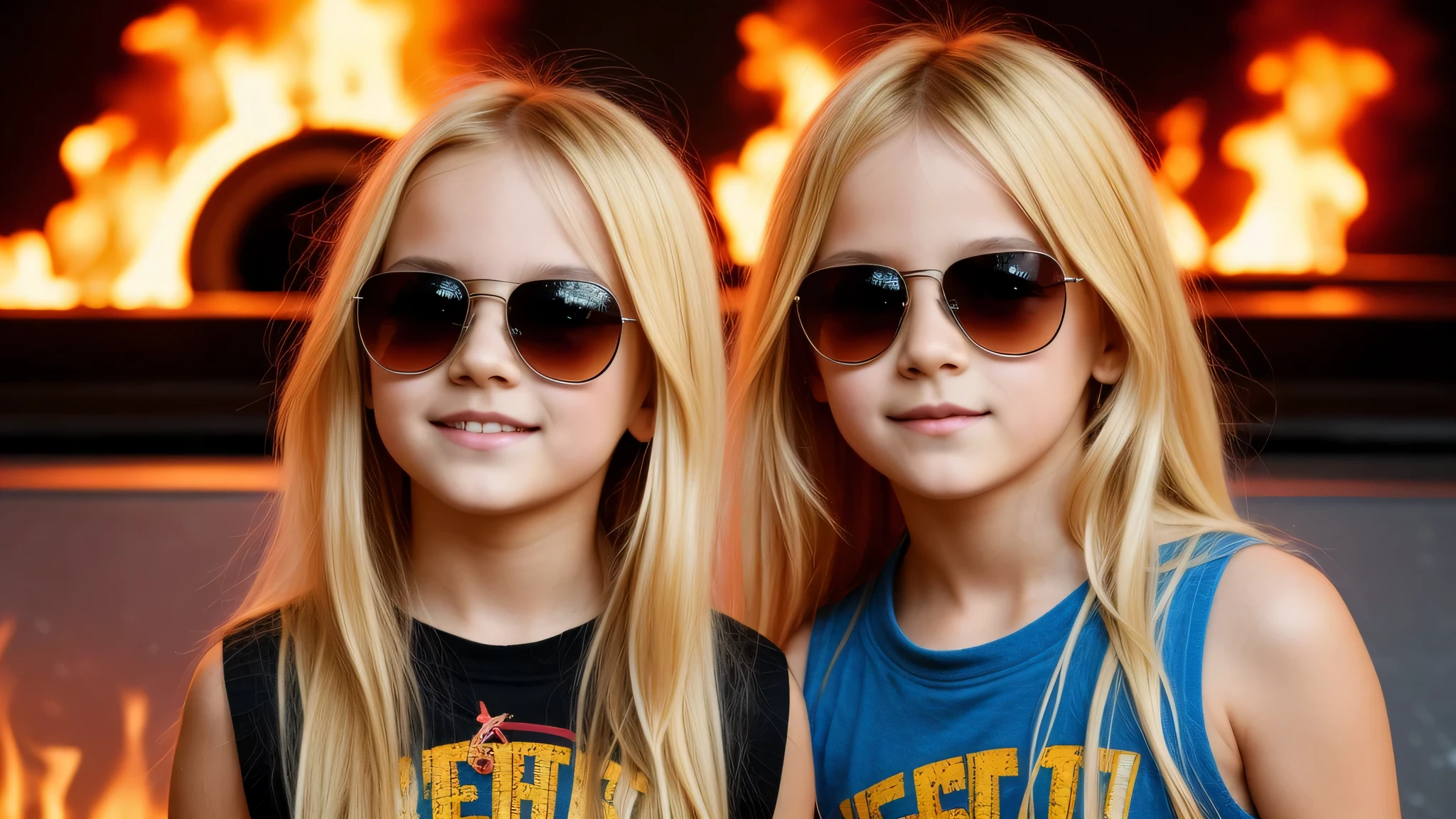 image of a girls blonde with sunglasses and a sign, heavy metal band promo, fire hole fire.