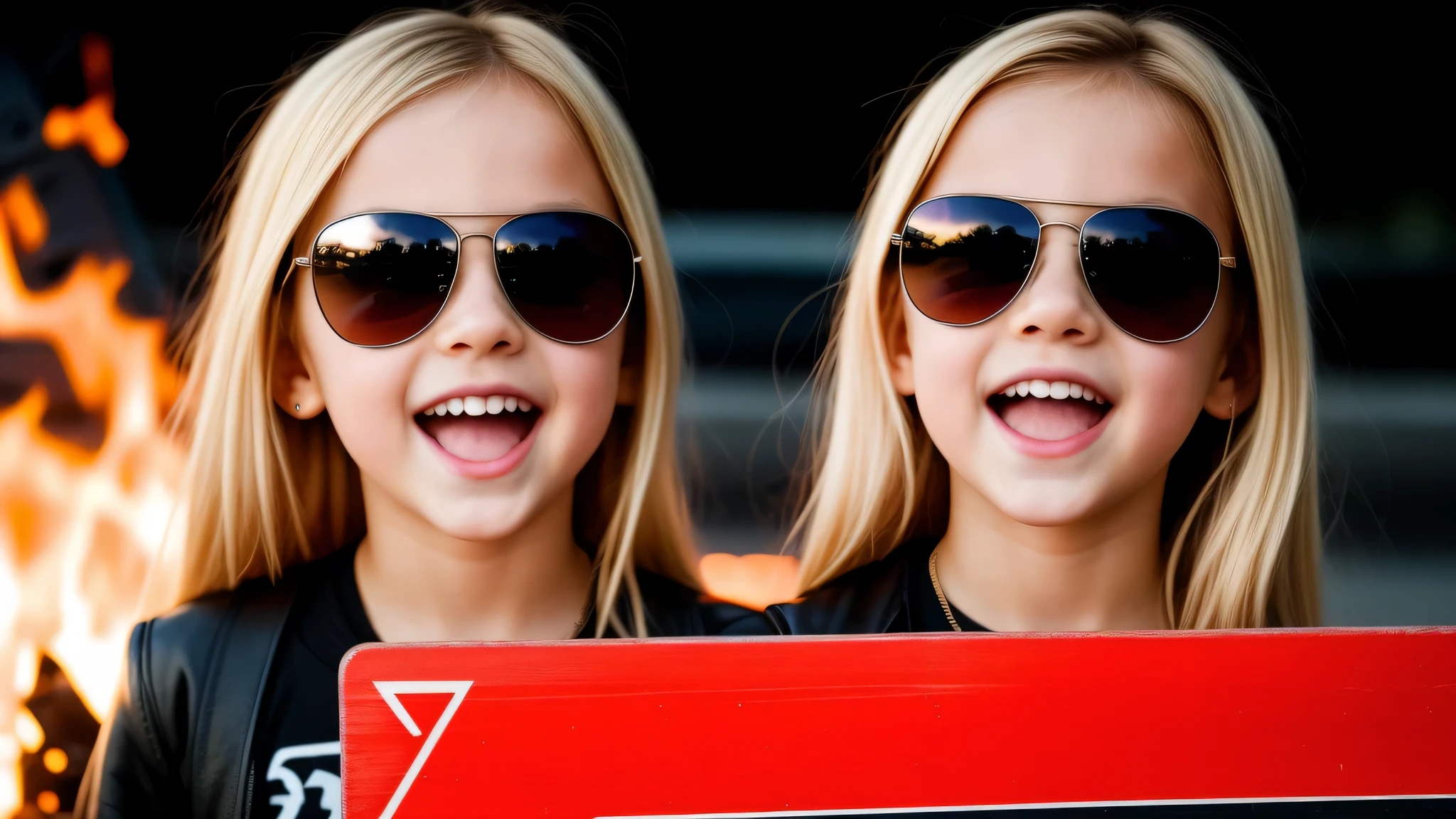 image of a  girls blonde with sunglasses and a sign, heavy metal band promo, fire hole fire.