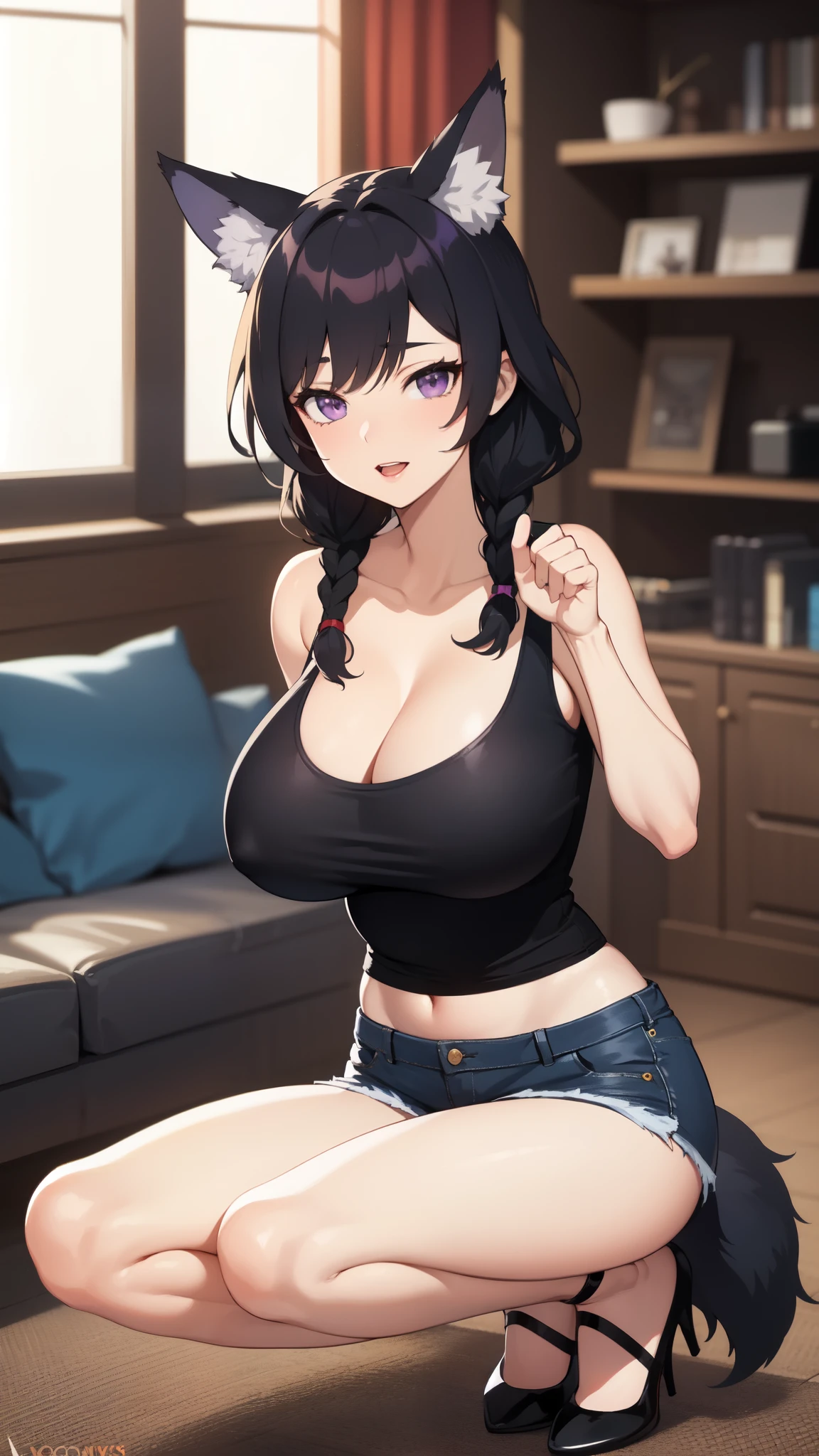 High quality, 4k, Massive breasts, older milf, black hair, motherly long braid hairstyle, purple eyes, thinner body, fit, milf body, black v-neck t-shirt, skinny jeans, deep cleavage, big hips, full body, sexy pose. Lustfull look on face. Wolf ears and tail, No human ears, cute shoes