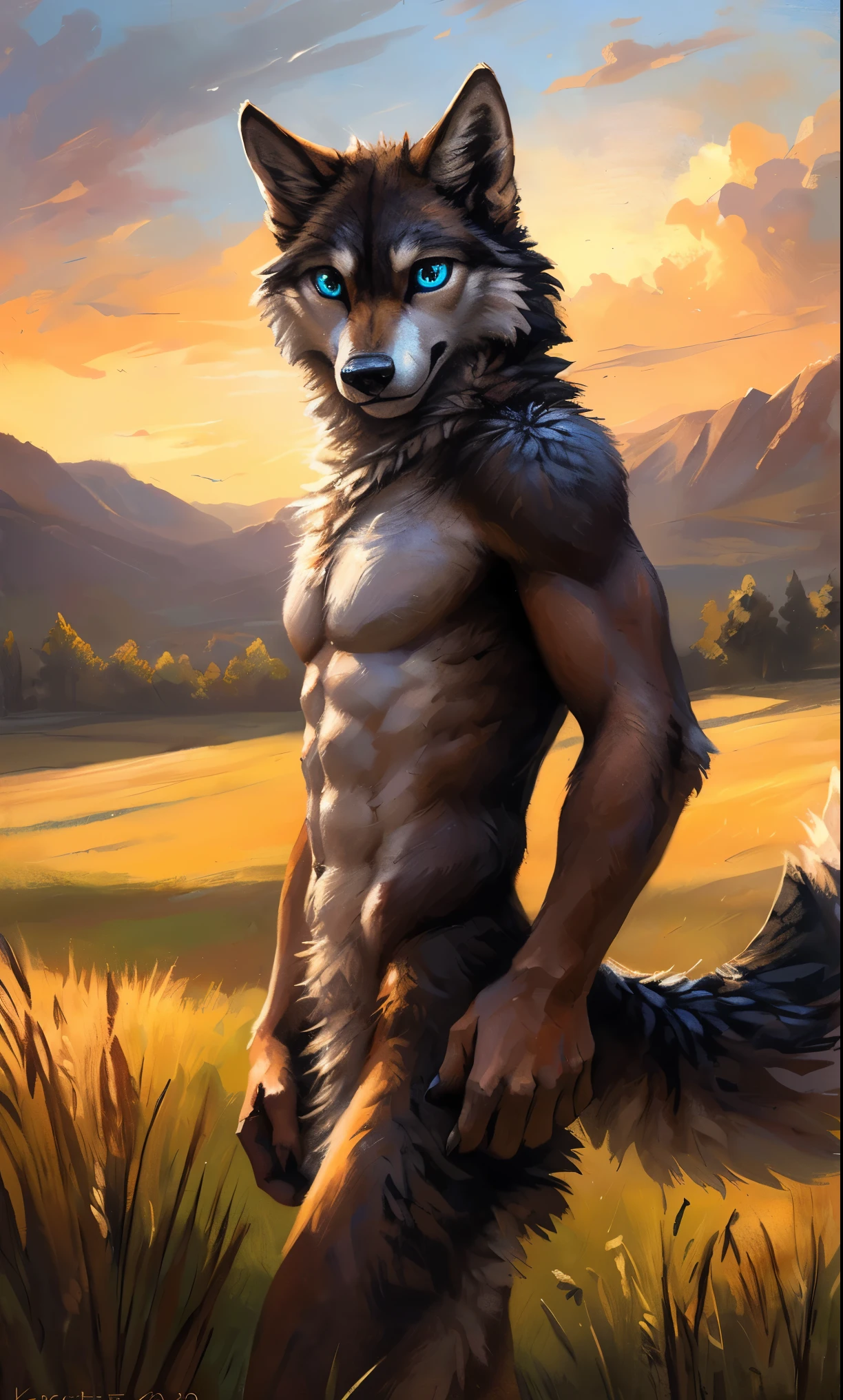 ((Solo)), male people, anthro wolf, (Multi-colored fur, White-brown:1.3，White tail pointed), (Height 2.1m,Tail length 1.5m), ((Wolf face, Big eyes, White eyelids, Blue pupil, Slim:1.2) (Tough, Calm expression:1.2)), Abs, Slim, pinging)), (Correct anatomy), Naked all over the body,A long big tail，Feet，(Realistic fur, Detailed fur texture, labeled:1.3)), (Natural lighting), Photorealistic, Hyperrealistic, ultradetailed, by Kenket，Field，No artifacts