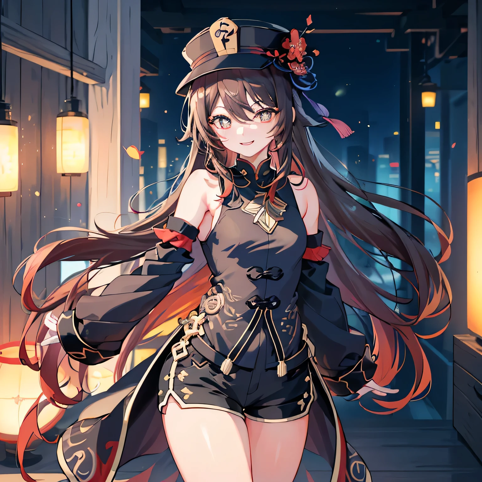 (((巨作))), 4K صحيح, A highly detailed, (((highly detailed eyes))), detailed wallpaper, cinematic lighting, Crystal clear eyes, 1girl, highs quality, highres, A highly detailed, 8k, Best Quality, 1girl, 独奏,  shadow, backlit, light particles, Thick Eyelashes, Wide sleeve, thick thighs, (巨作:1.3), (The best quality:1.2), (super fine illustrations:1.2), (巨作), highs quality, highly detail,(独奏:1.4),((Round image)),[(cyberpunk:1):5], cyberpunk, the whole body, hair decoration, from above, Hu Tao (genshin impact), Hat, Flower on hat,brown-haired, twintails, red eyes, Flower-Shaped Pupils, evil smile, small breasts, short shorts, arms behind the back, Perocensis, Pu Tao