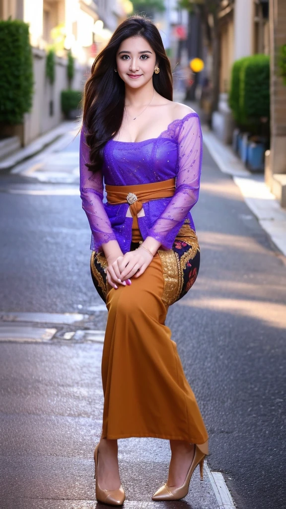 A girl holding a rose,(8k, RAW photo, best quality, work:1.2), (realistic, photo-realistic:1.37),1girl,cute,cityscape,night,rain,wet,professional lighting,photon mapping,radiosity , Physically based rendering, long black hair , straight hair tied with a pretty hair tie, pretty, feminine, set of white balls, excellent image quality, high resolution, 1080p, (clear face), (detailed face description), (hand description detailed), (masterpiece), (exquisite CG), extreme light and shadow, messy hair, masterpiece, rich details, (exquisite facial features), (highest image quality), (masterpiece), ( detailed eyes), look forward to your eyes, delicate collarbone, blue_kebaya_bali,(Full Body),(cute face:1.5),(huge breasts:1.2),high-heels,big hips, medium thighs,