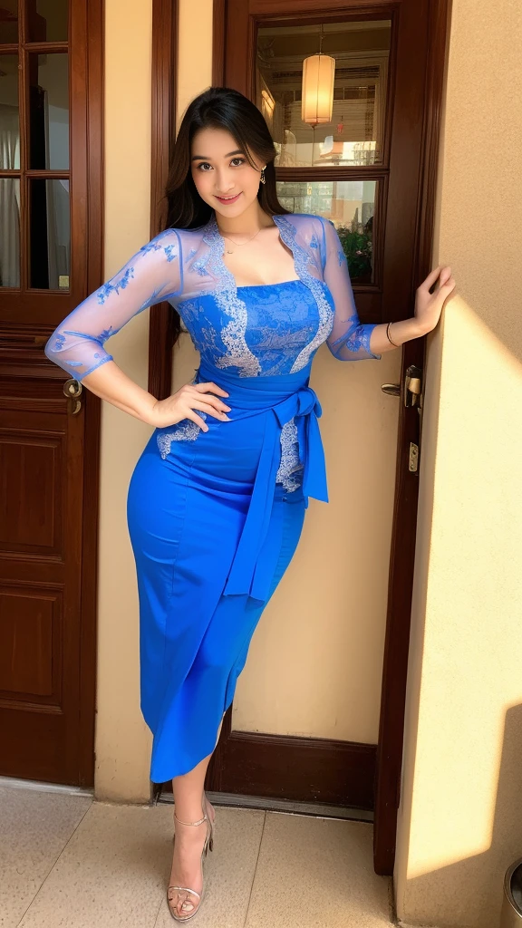 A girl holding a rose,(8k, RAW photo, best quality, work:1.2), (realistic, photo-realistic:1.37),1girl,cute,cityscape,night,rain,wet,professional lighting,photon mapping,radiosity , Physically based rendering, long black hair , straight hair tied with a pretty hair tie, pretty, feminine, set of white , excellent image quality, high resolution, 1080p, (clear face), (detailed face description), (hand description detailed), (masterpiece), (exquisite CG), extreme light and shadow, messy hair, masterpiece, rich details, (exquisite facial features), (highest image quality), (masterpiece), ( detailed eyes), look forward to your eyes, delicate collarbone, blue_kebaya_bali,(Full Body),(cute face:1.5),(:1.2),high-heels,big , medium thighs,