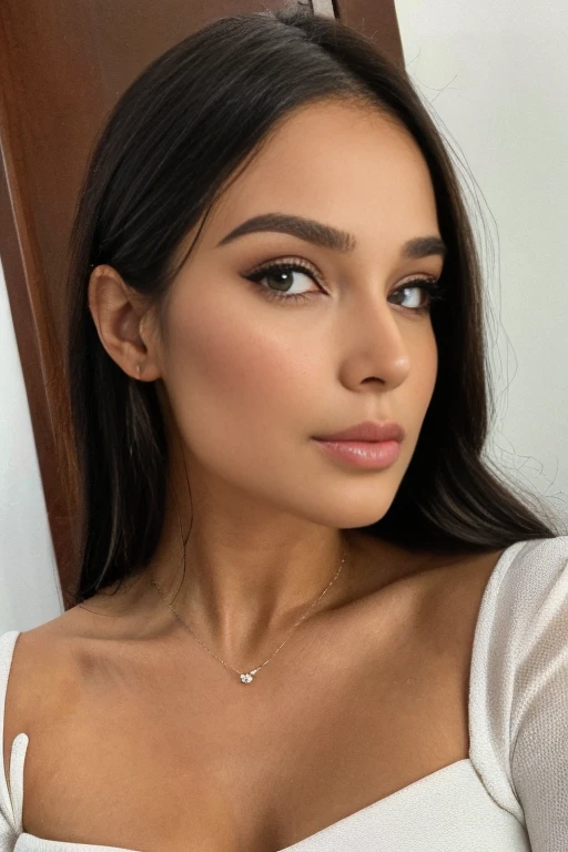 ((melhor qualidade)), ((obra de arte)), (detalhado), rosto perfeito ((meia idade)) ((33 anos)) brunette with long black hair Spanish Latin features, com olhos verdes grandes e brilhantes, posing for a selfie wearing a floral sundress a close-up of a woman in a white dress posing for a photo, Violeta Myers, lindo rosto latina, meio rosa, Retrato de Sophie Mudd, 33 anos de idade, decote, beleza de cair o queixo, modelo do instagram, beleza de cair o queixo, portrait meio rosa, 33 anos de , 33 anos de idade, linda mulher olhos lindos verdes 
