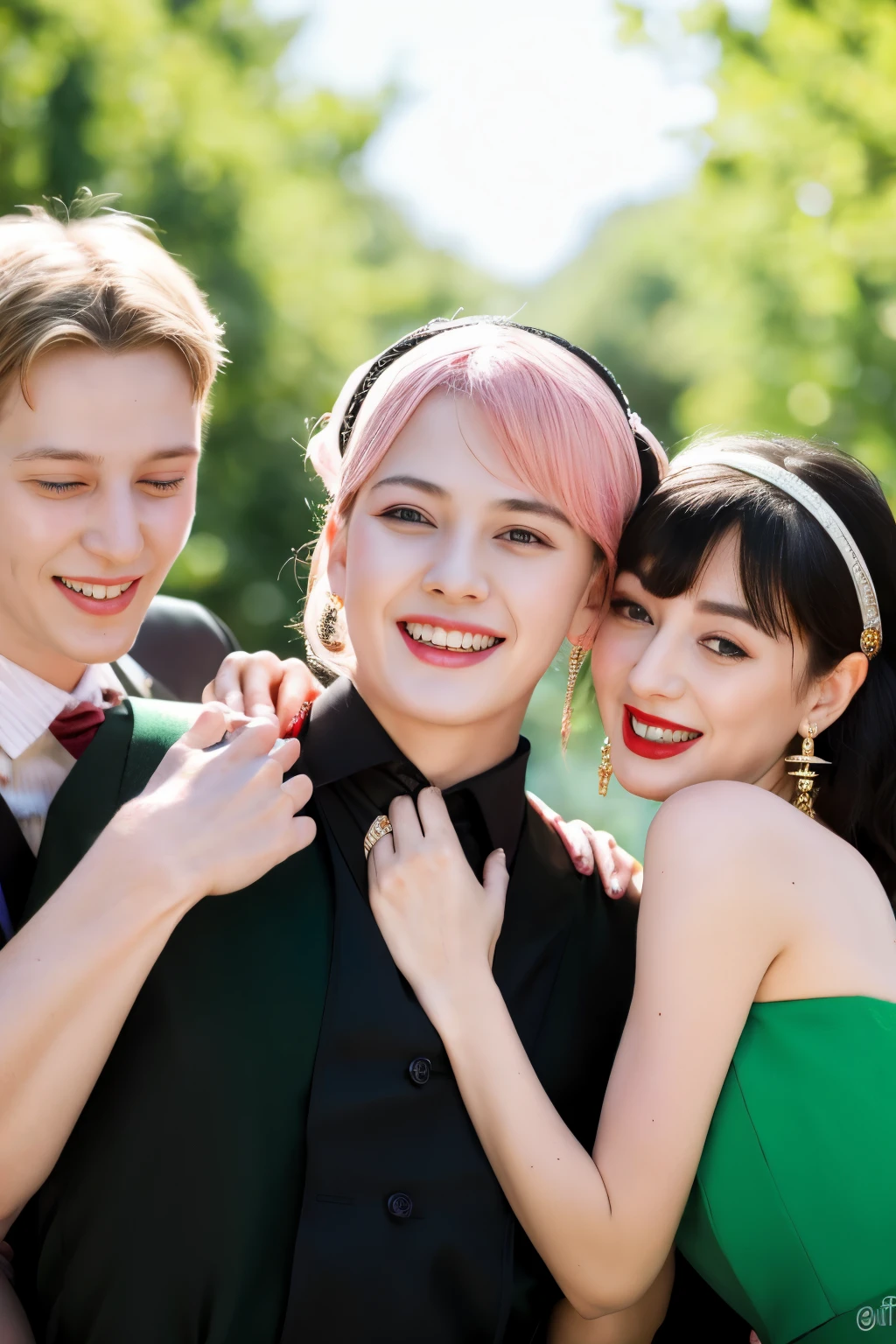 masterpiece, best quality, realistic, 2girls, anya (spy x family), multiple girls, 1boy, female , pink hair, flower, blush, green eyes, jewelry, smile, , hairband, closed eyes, shirt, dress, earrings, sparkle, open mouth, black dress