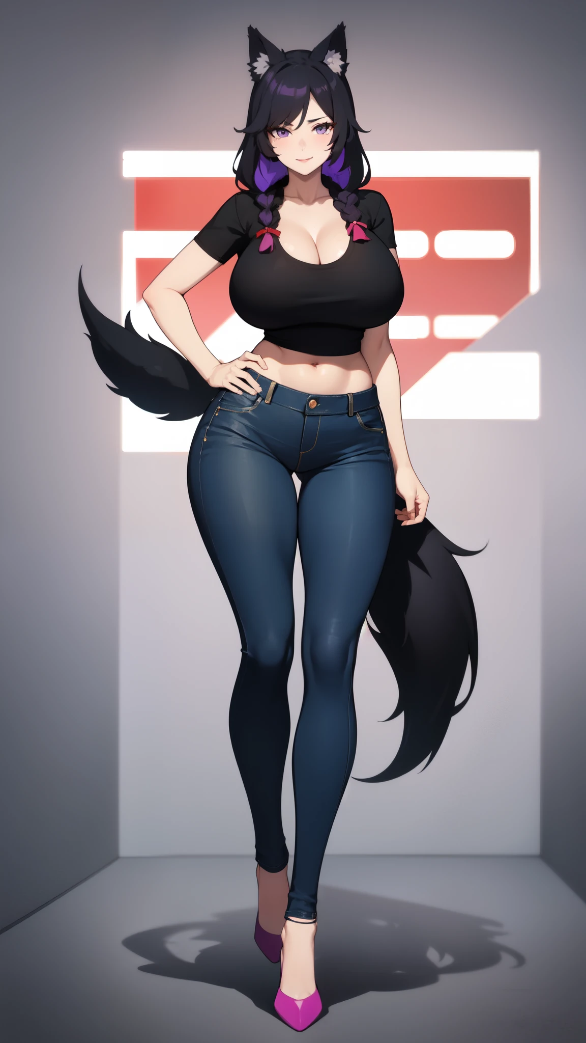 High quality, 4k, Massive breasts, older milf, black hair, motherly long braid hairstyle, purple eyes, thinner body, fit, milf body, black v-neck t-shirt, skinny jeans, deep cleavage, big hips, full body, sexy pose. Lustfull look on face. Wolf ears and tail, No human ears, cute boots