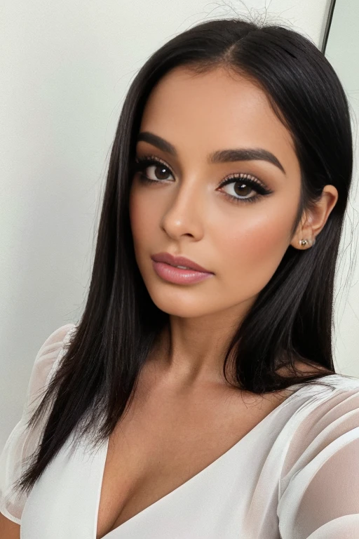 ((melhor qualidade)), ((obra de arte)), (detalhado), rosto perfeito ((meia idade)) ((33 anos)) brunette with long black hair Spanish Latin features, com olhos verdes grandes e brilhantes, posing for a selfie wearing a floral sundress a close-up of a woman in a white dress posing for a photo, Violeta Myers, lindo rosto latina, meio rosa, Retrato de Sophie Mudd, 33 anos de idade, decote, beleza de cair o queixo, modelo do instagram, beleza de cair o queixo, portrait meio rosa, 33 anos de idade, with beautiful exotic, 33 anos de idade, linda mulher