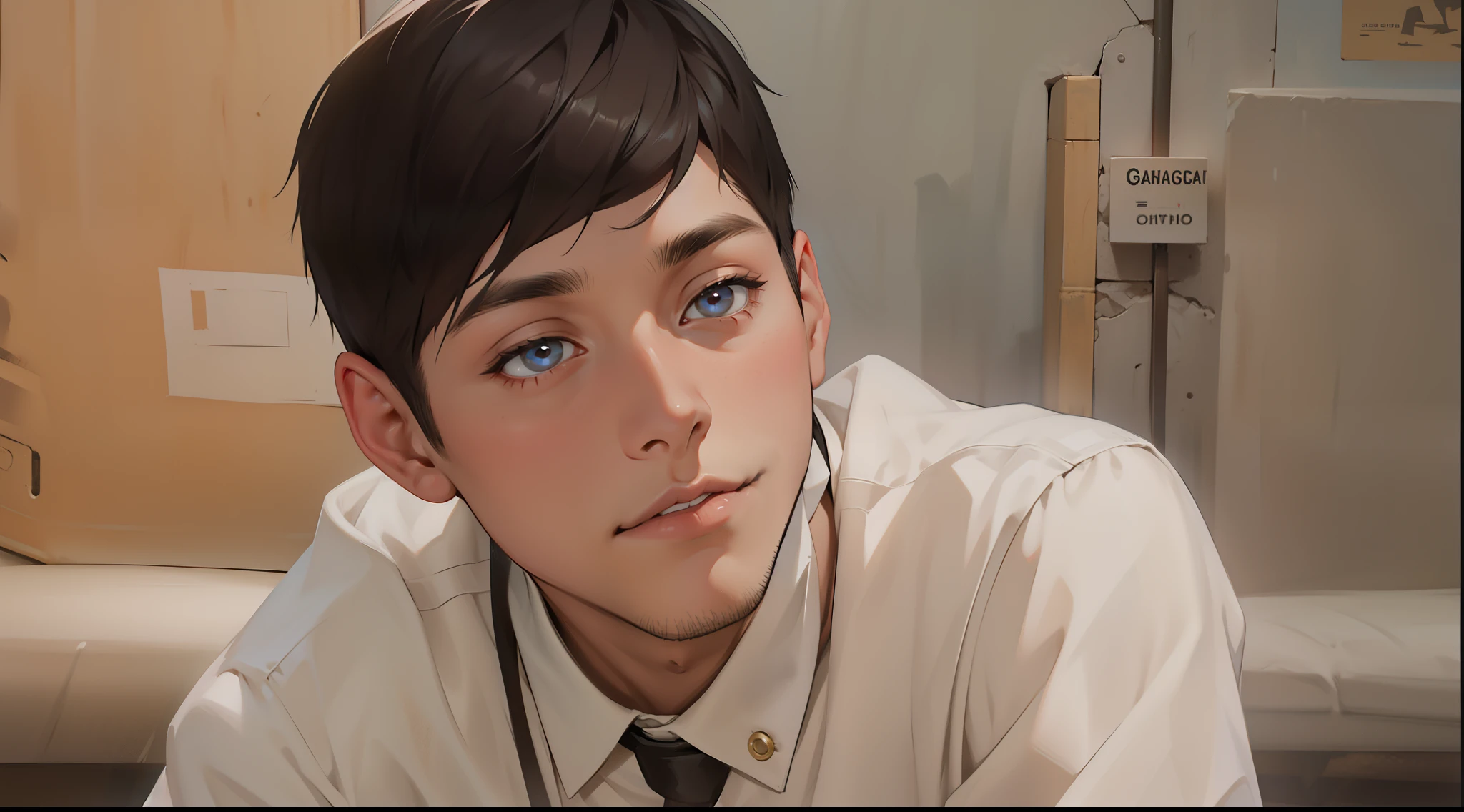 Un joven con cabello negro, Corte en un estilo corto y ordenado, Cara hermosa, penetrantes ojos marrones y una inteligencia astuta, his skin is slightly pale;.