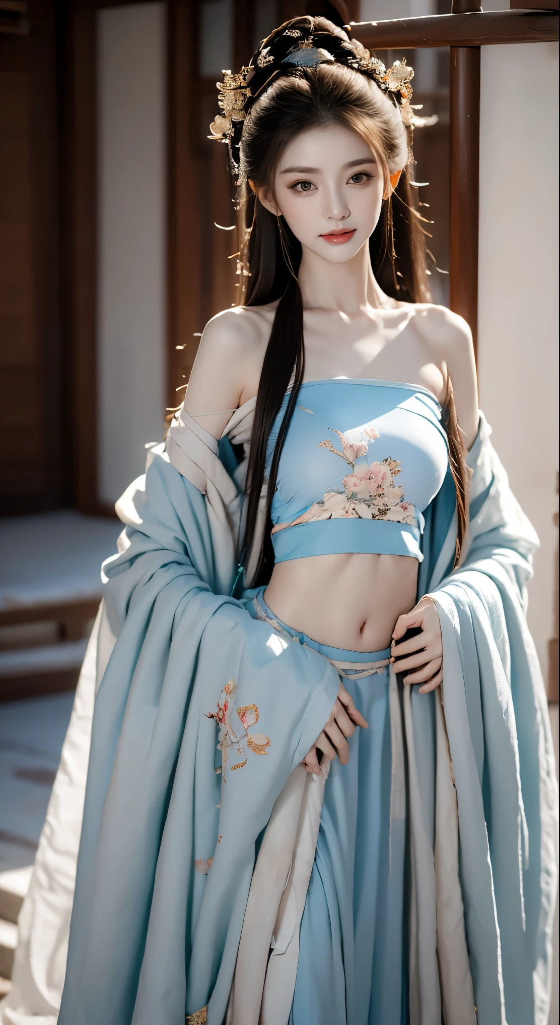 best picture quality，Very detailed，extremely high resolution，Perfect body proportions，Works of top photographers。Beautiful Hanfu girl，long eyelashes，big eyes，shining eyes，lying silkworm，plump lips，small nose，a happy expression，Sweet，Exquisite makeup，full-body shot，Slender and straight snow-white jade legs，snow white skin，White embroidered skirt，necklace，Expose long legs，lace，Sweet，long hair fluttering，best quality，masterpiece，full-body shot，facial focus，The bust is very prominent，thin waist，Snow-white belly，belly button，imagine，Seven-part shooting model: hanfu, CFG scale: 7, lola: future fashion(0.4)、rainbow(0.4)、martial arts(0.2)、Asian face woman-2(0.4)、poetic fairy tale(0.01)