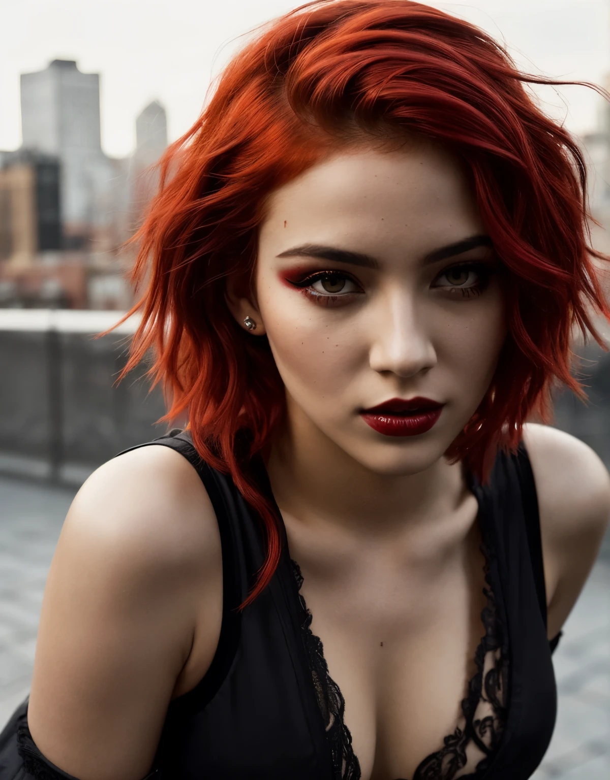 beautiful girl, short bright red disheveled hair, black eyeshadow, (street style wear:1.2), (city background:1.2), dark makeup, digital art, trending on artstation, highly detailed, fine detail, intricate, beautiful detailed glow, detailed, Cinematic light, highres, detailed facial features, sharp focus, smooth, aesthetic, perky breasts, bum, legs, lingerie