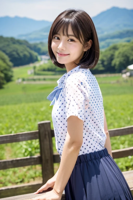 beautiful japanese woman, high ager, I am standing on a farm with a view of the mountain ridgeline of Nobeyama.,A woman leaning lightly on a log fence （Detailed model figure：face is facing the camera, The body is facing the camera, Straightening the back） （Photo composition：Front of the body, Photo from the chest up,looking at the camera,　Photo from the front） （facial details：long eyes, beautiful eyes, Eye pupils are black, looking at the camera, elongated facial contour, Smile a little,sharp cheeks, round chin, clean nose, round chin, Bob cut brown hair） （Body details：Height: 155cm, bust 79cm, Waist 55cm, Hip 85cm, Healthy thighs) （detailed costumes：, The pattern of the shirt is a navy blue polka dot pattern., white short sleeve round neck shirt, The skirt is a white miniskirt with fluttering pleats.）