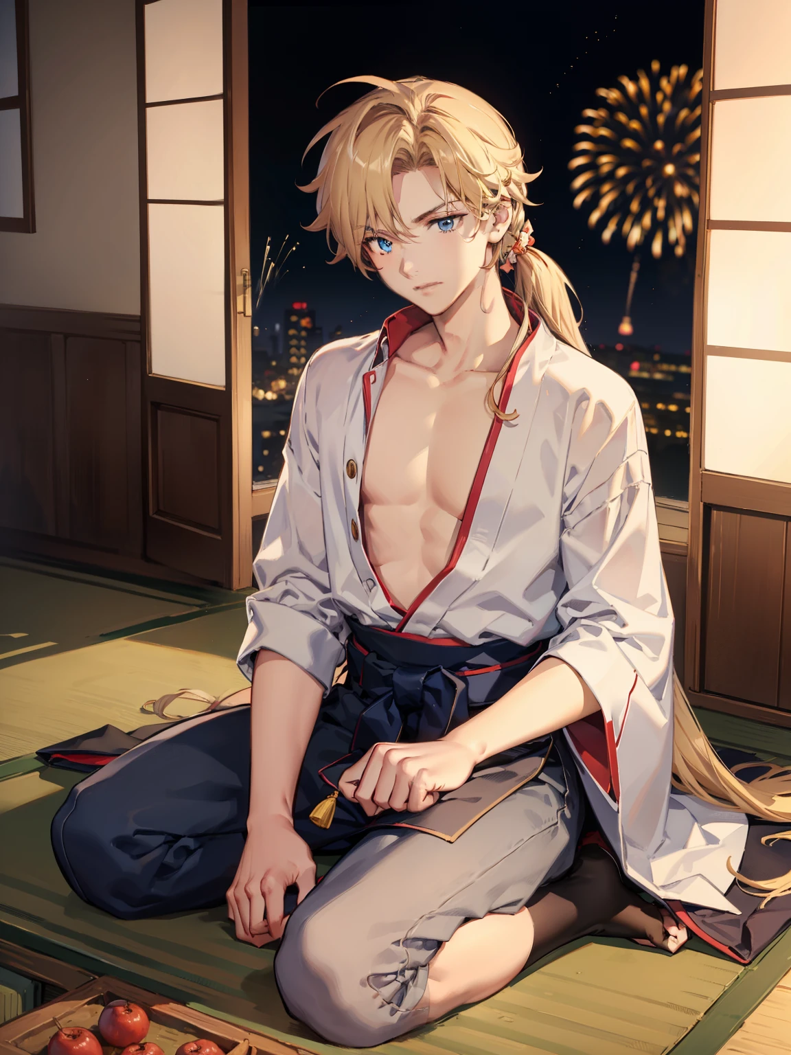 1boy,Masculinity,blond hair,ponytail,blue eyes,no bra,A Japanese-style room,sitting,late at night,alone,fireworks