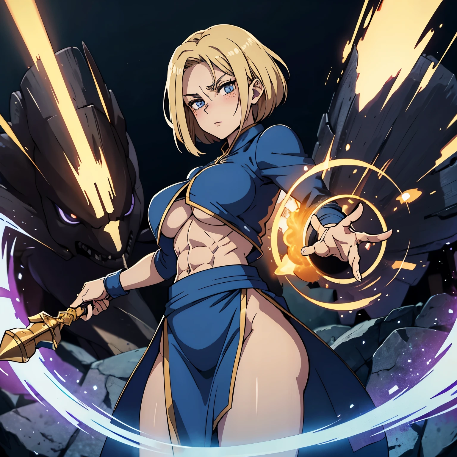 great quality, (female mage), android 18, shoko leiri, perfect eyes, (wearing mage robe), strong shadows, detailed face, casting spell that makes a double of her, blue flashes of light, detailed abs, scars, shinying eyes, (masterpiece), direct light, under light , strong jaw, (large tits) , massive ass, thick thighs, (long torso), wide waist, skinny torso, fit, perfect face, sexy, (blushing),