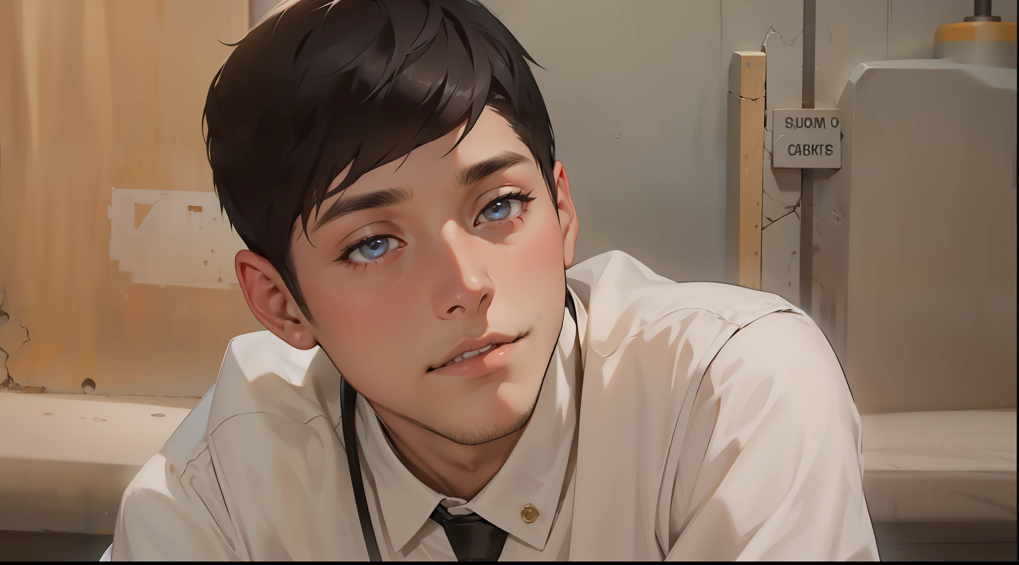 Un joven con cabello negro, Corte en un estilo corto y ordenado, Cara hermosa, penetrantes ojos marrones y una inteligencia astuta, his skin is slightly pale;.