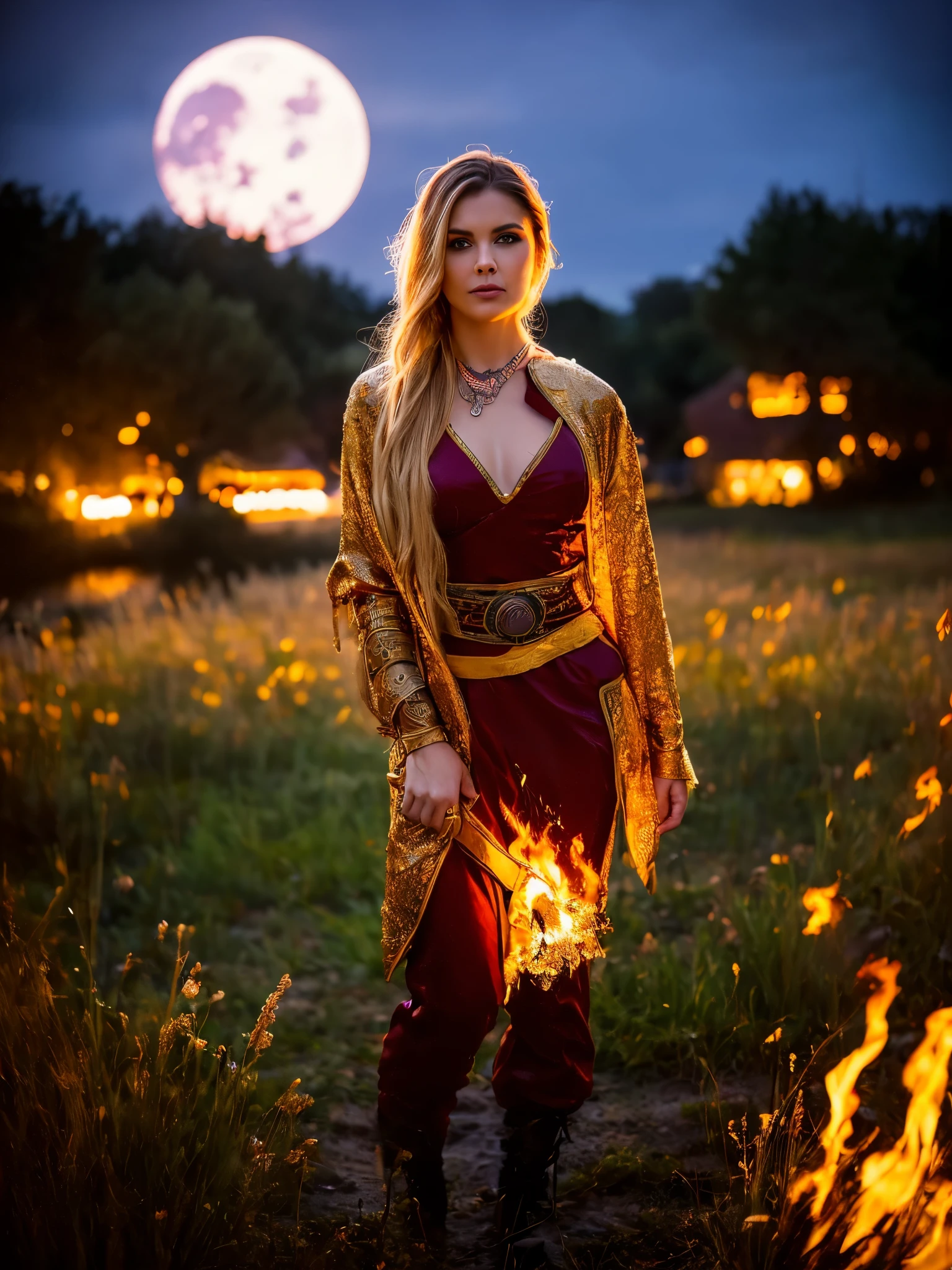 Generate a hyper-realistic image that employs the shallow depth of field technique, Head and sholders portrait to highlight a pretty Celtic Warrior girl wearing a Celtic combate costume, at ((night in a Battlefield)) setting, (((under the moonlight))). The girl should be the focal point, with crisp clarity, while the background of the Battlefield should be gently blurred to create a bokeh effect. (((Flames In the foreground))) should be visible but blurred, adding depth to the composition.", adding depth to the composition. Sony Alpha A7R III, macros lens , f/5.6. ((Cinematic Lighting)) .